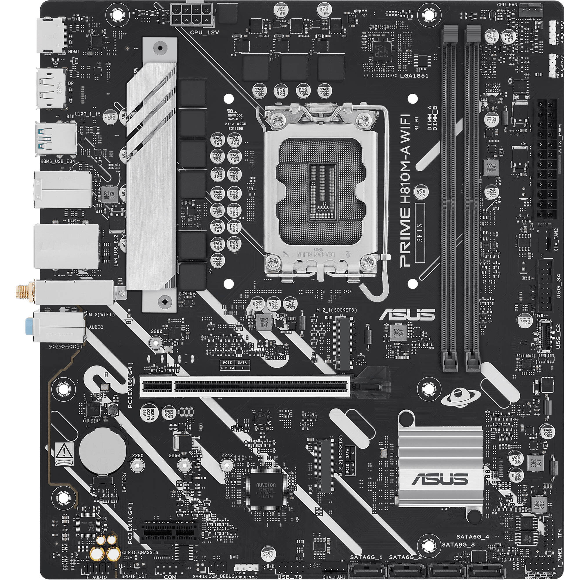 ASUS PRIME H810M-A WIFI-CSM micro-ATX motherboard with Intel H810, Wi-Fi 6, and dual M.2 slots — view 2