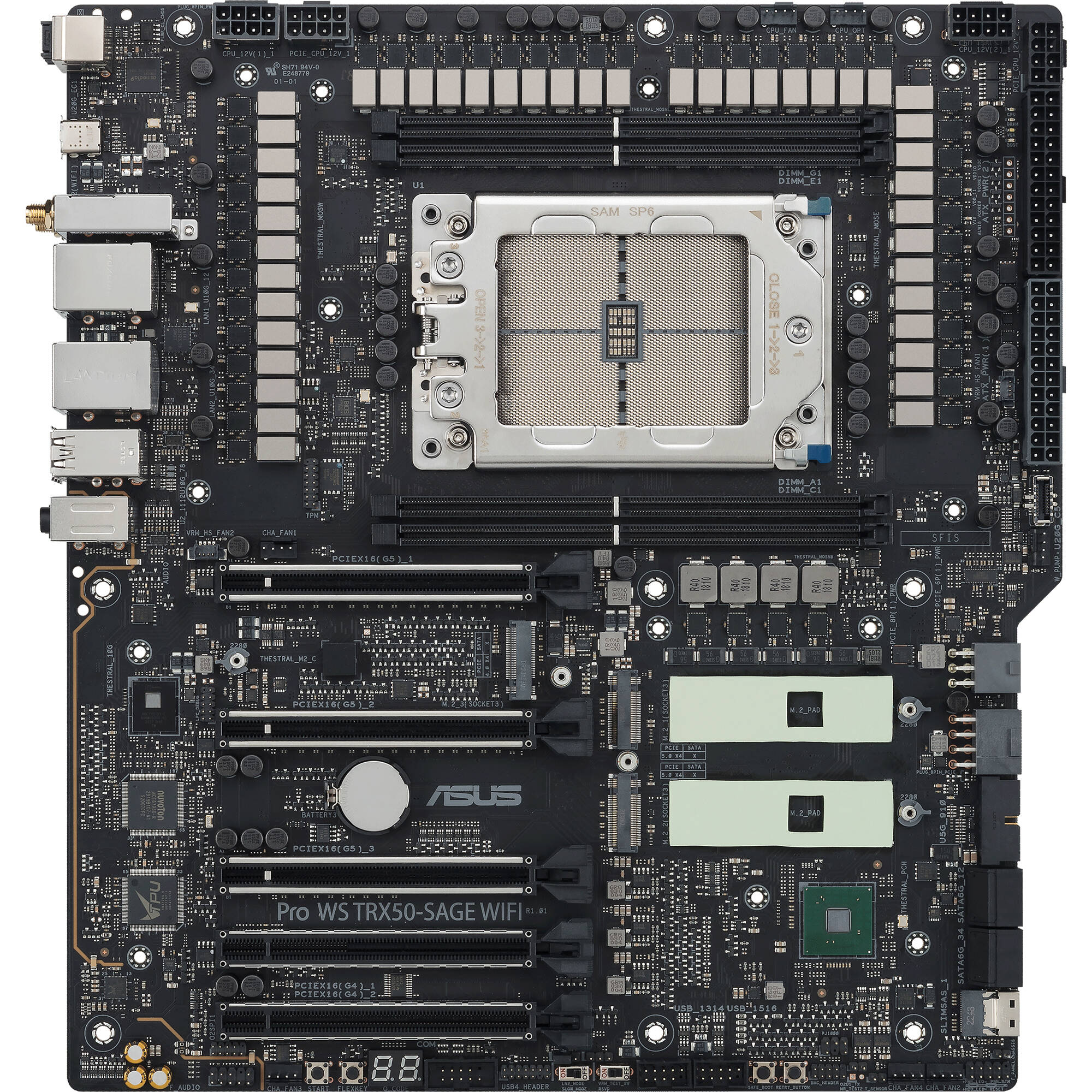 ASUS Pro WS TRX50-SAGE WIFI workstation motherboard with Wi‑Fi 7 and PCIe 5.0 support — view 3
