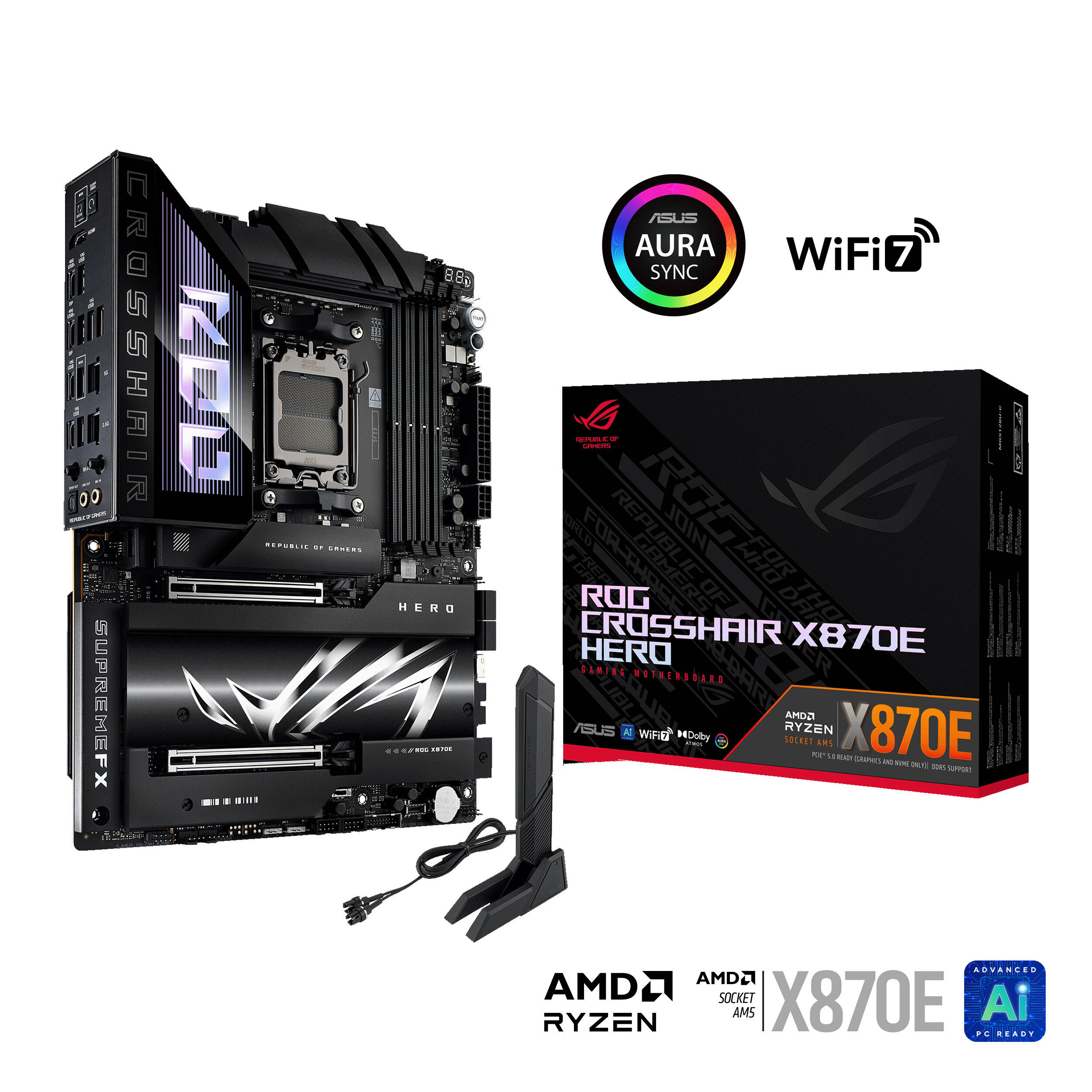 ASUS ROG CROSSHAIR X870E HERO BTF ATX motherboard with hidden connectors, WiFi 7, USB4, and 5 M.2 slots — view 10