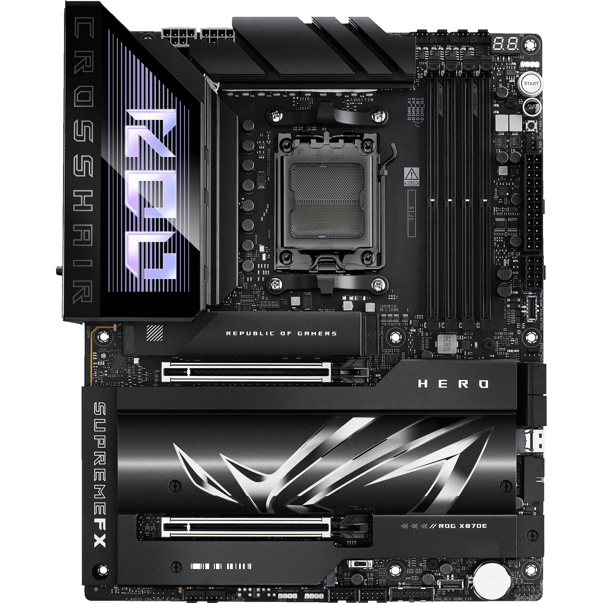 ASUS ROG CROSSHAIR X870E HERO BTF ATX motherboard with hidden connectors, WiFi 7, USB4, and 5 M.2 slots — view 2