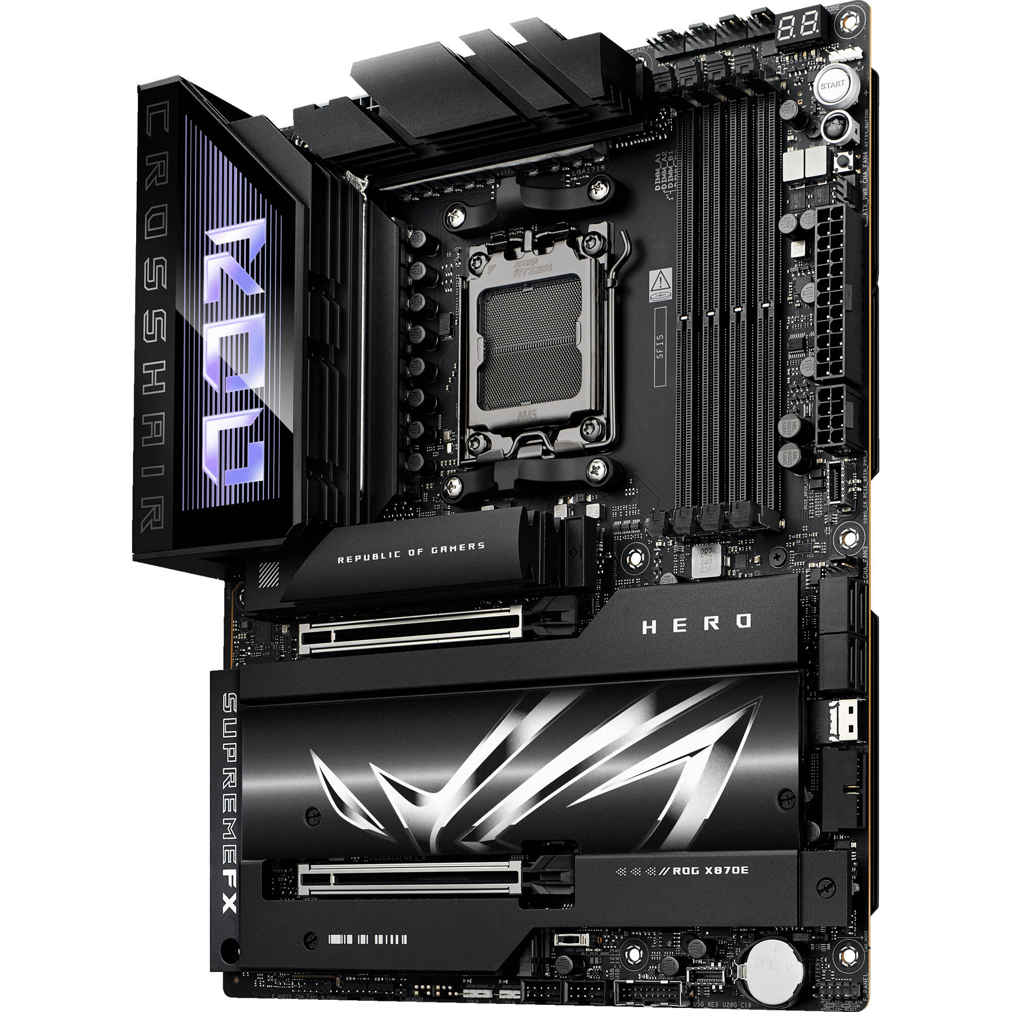 ASUS ROG CROSSHAIR X870E HERO BTF ATX motherboard with hidden connectors, WiFi 7, USB4, and 5 M.2 slots — view 3
