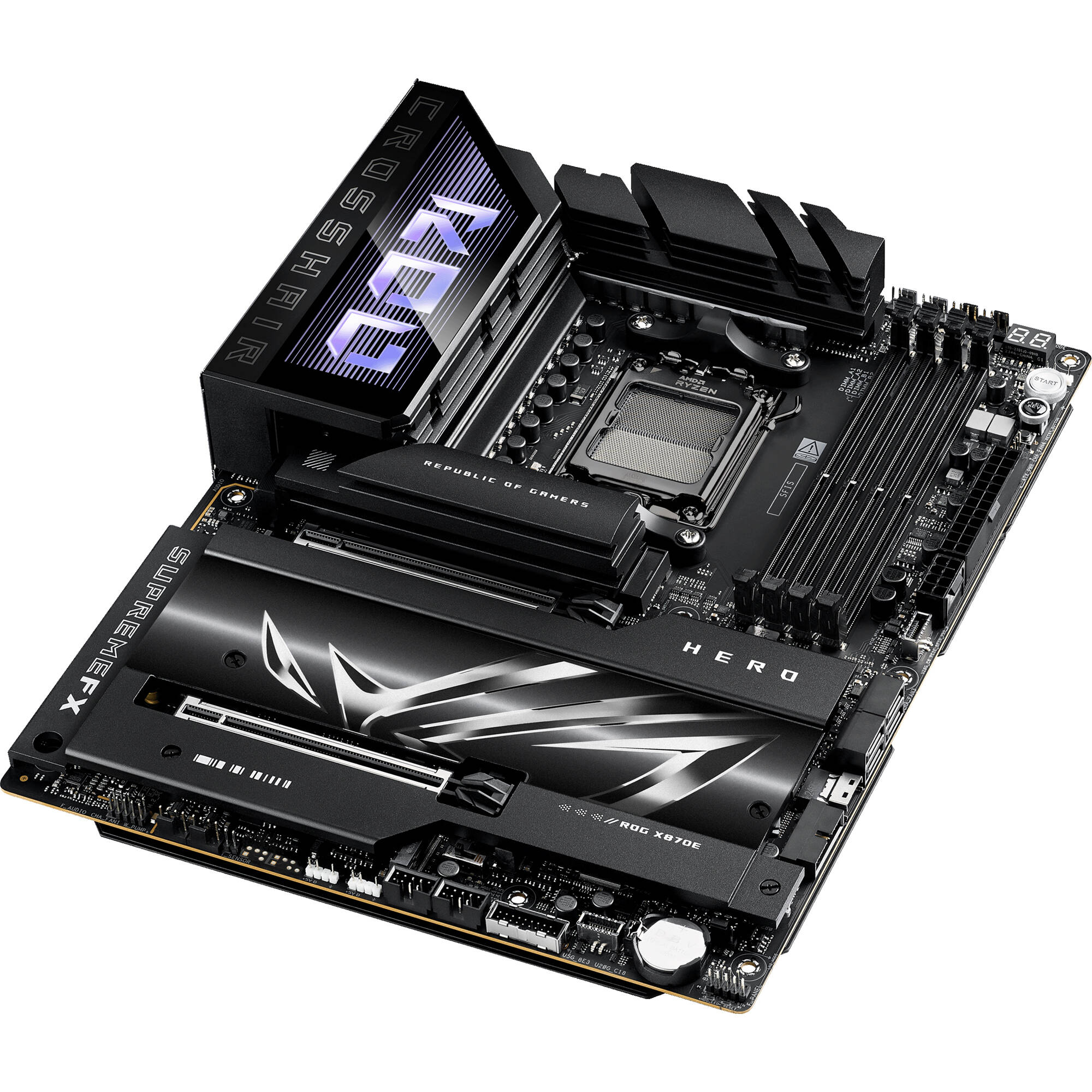ASUS ROG CROSSHAIR X870E HERO BTF ATX motherboard with hidden connectors, WiFi 7, USB4, and 5 M.2 slots — view 5