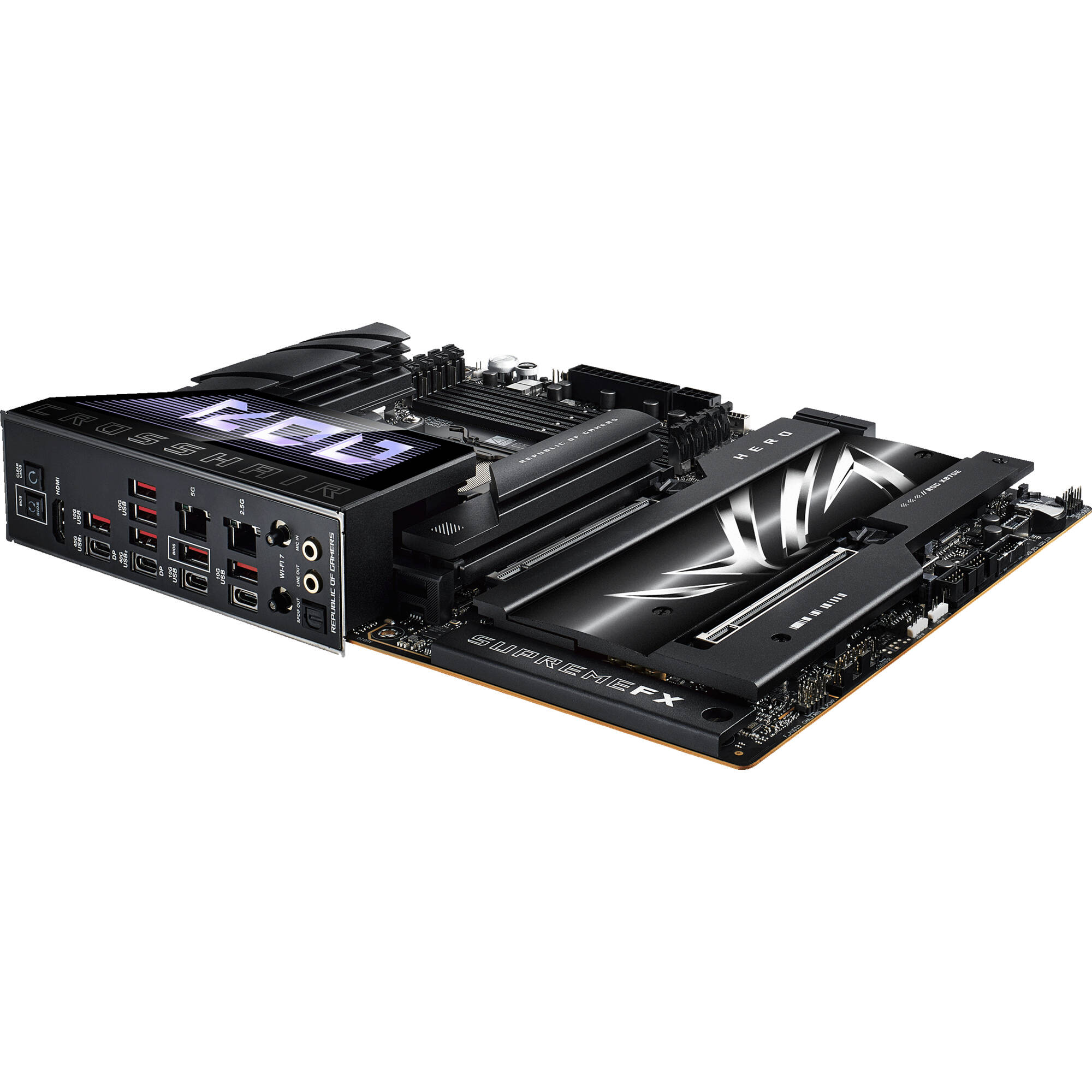 ASUS ROG CROSSHAIR X870E HERO BTF ATX motherboard with hidden connectors, WiFi 7, USB4, and 5 M.2 slots — view 7