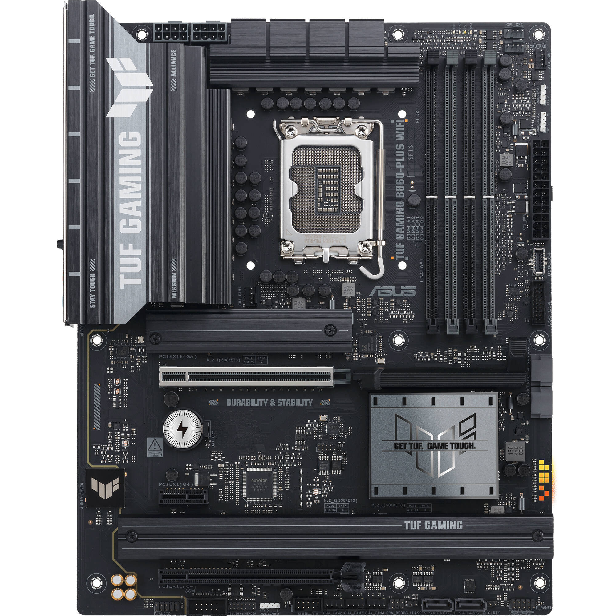 ASUS TUF GAMING B860-PLUS WIFI microATX motherboard with LGA 1851, DDR5, Wi-Fi 7, and 3 M.2 slots — view 2