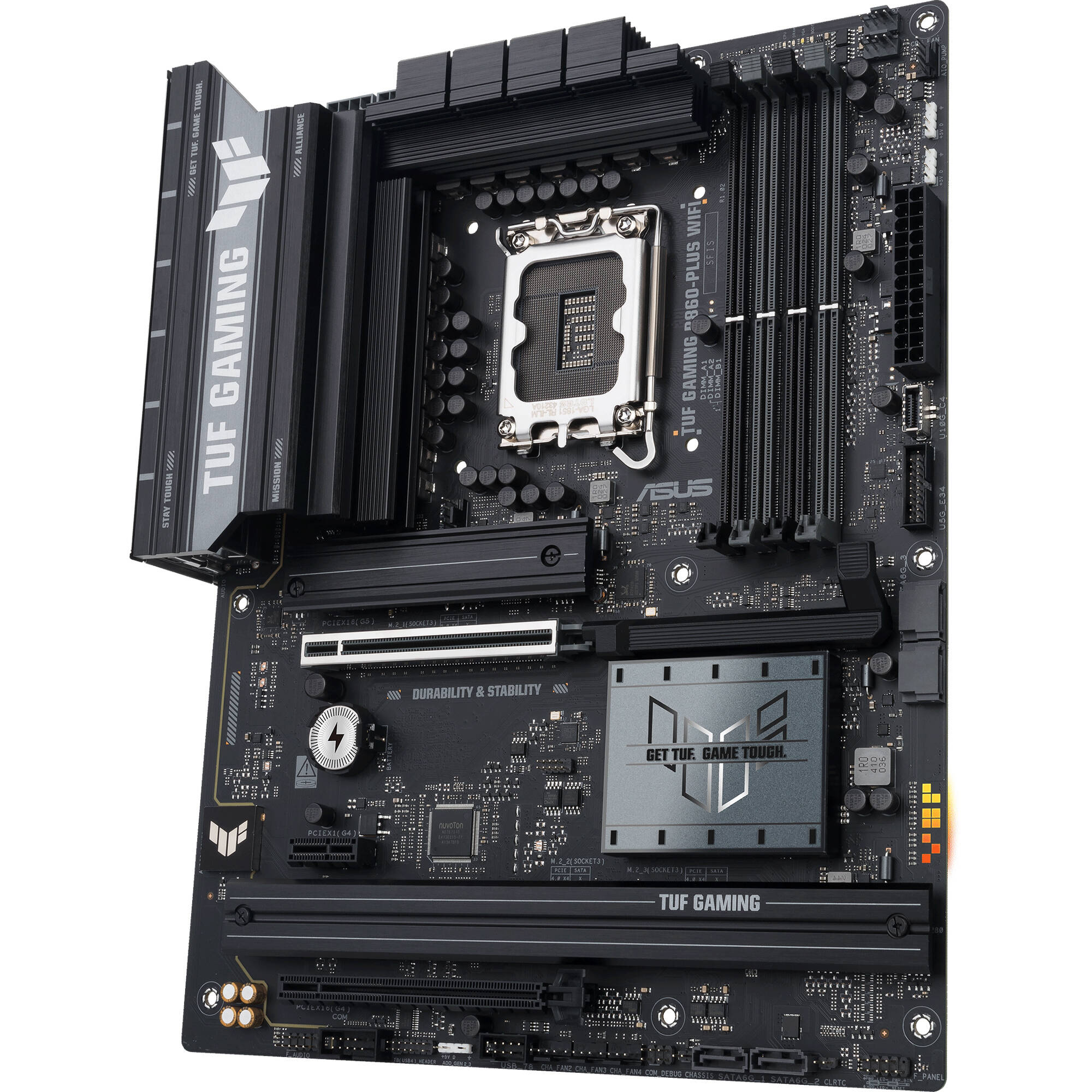 ASUS TUF GAMING B860-PLUS WIFI microATX motherboard with LGA 1851, DDR5, Wi-Fi 7, and 3 M.2 slots — view 3