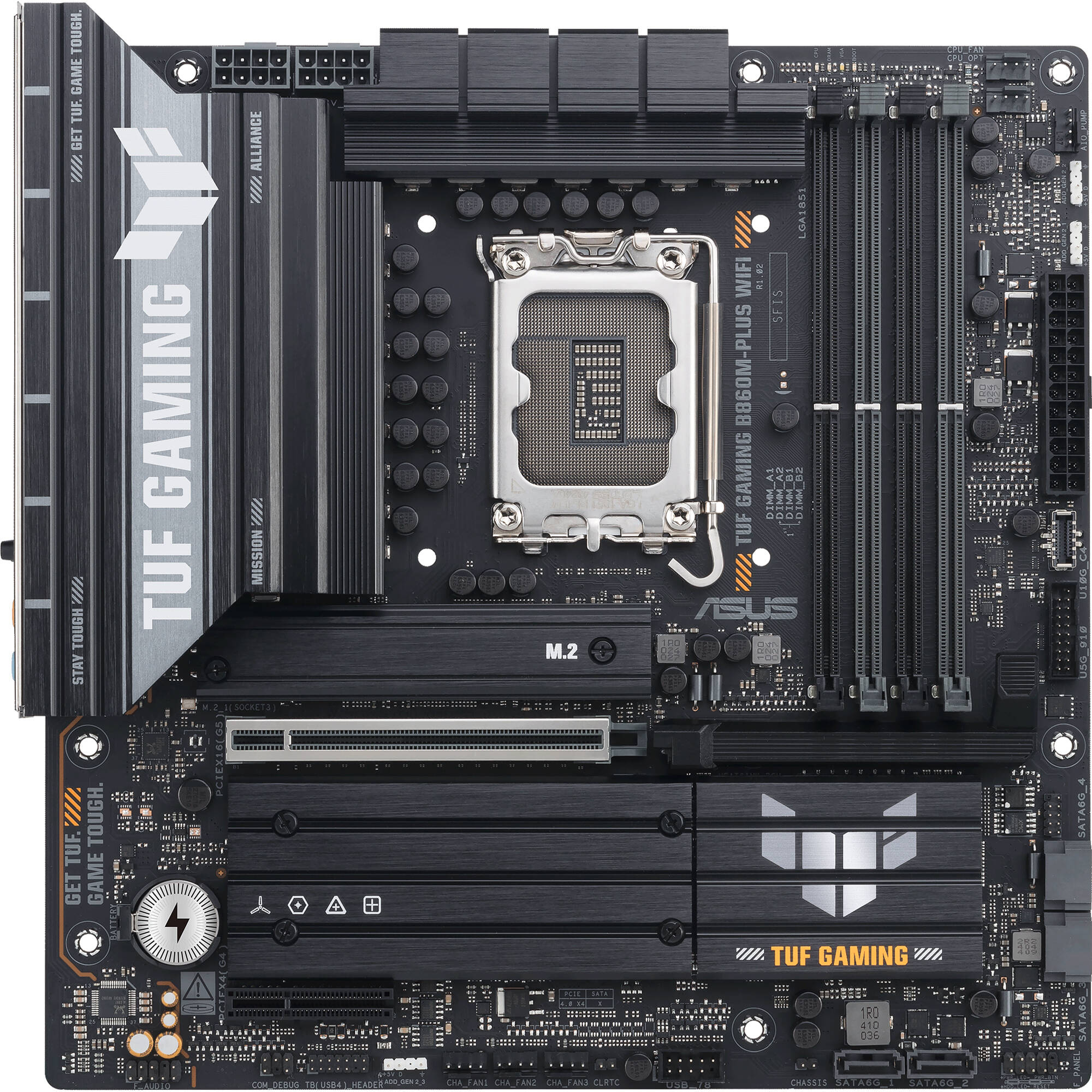 ASUS TUF GAMING B860M-PLUS WIFI micro-ATX motherboard with integrated Wi-Fi for Intel desktop builds — view 2
