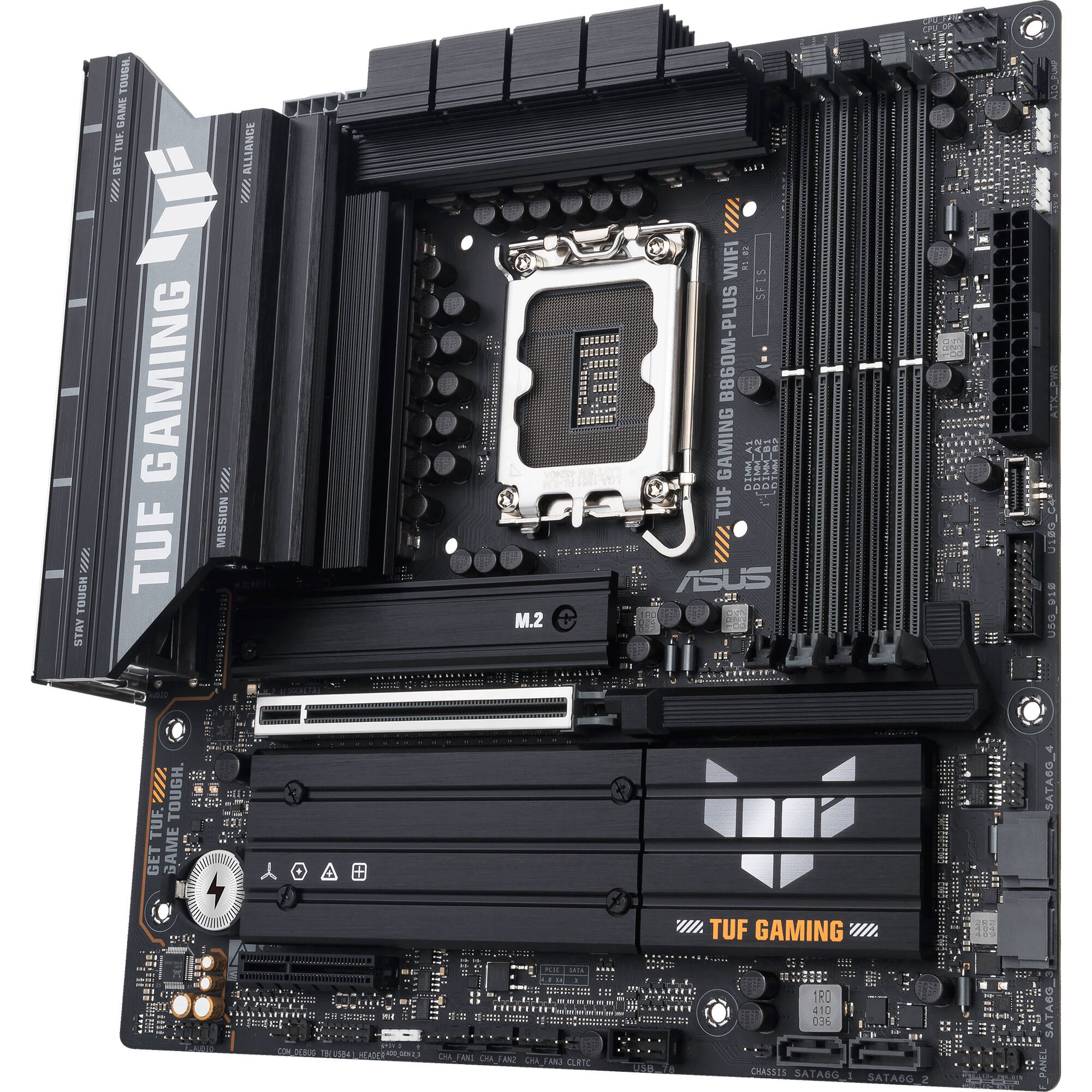ASUS TUF GAMING B860M-PLUS WIFI micro-ATX motherboard with integrated Wi-Fi for Intel desktop builds — view 3