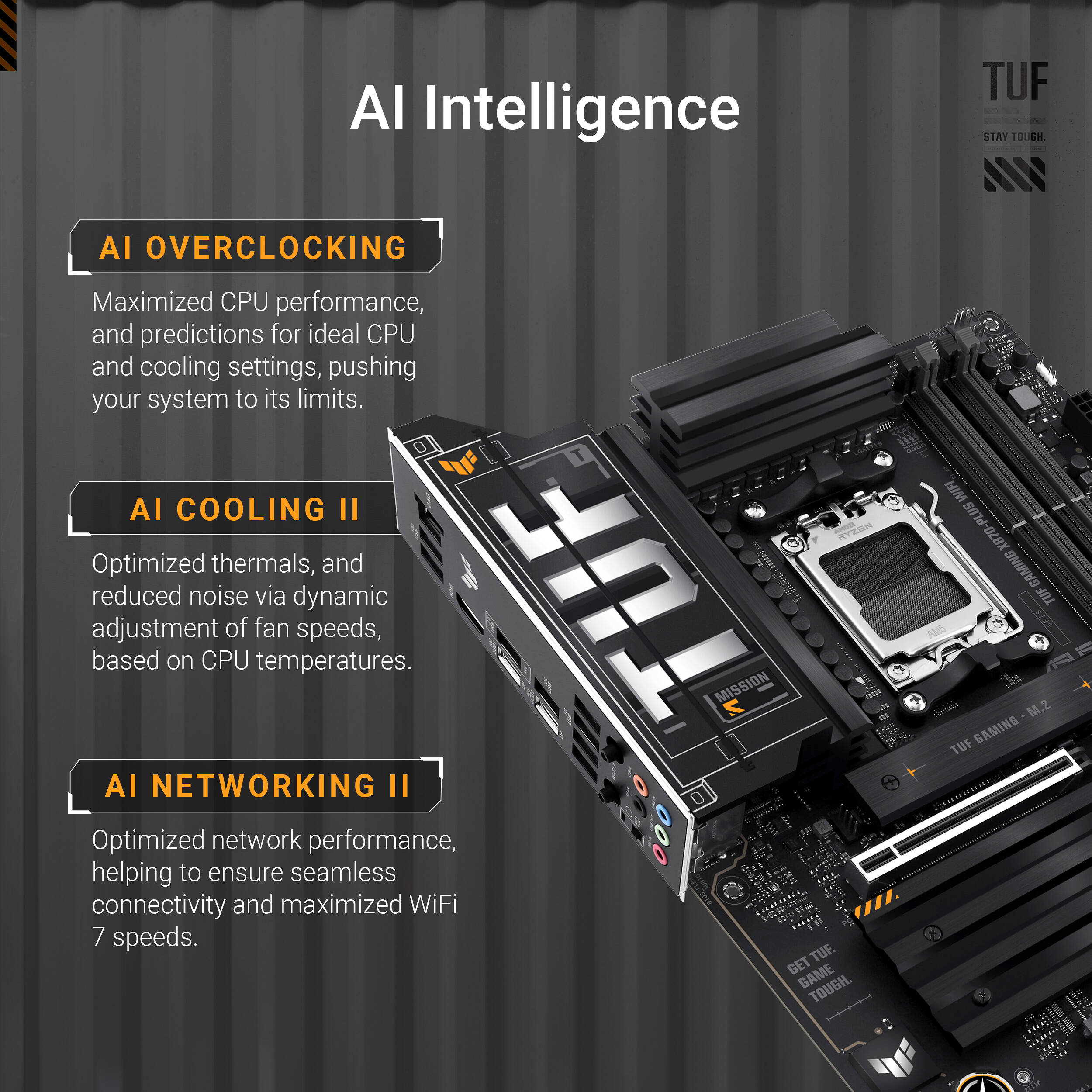 ASUS TUF GAMING X870-PLUS WIFI ATX motherboard with AM5 socket, Wi-Fi 7, and four M.2 slots — view 10