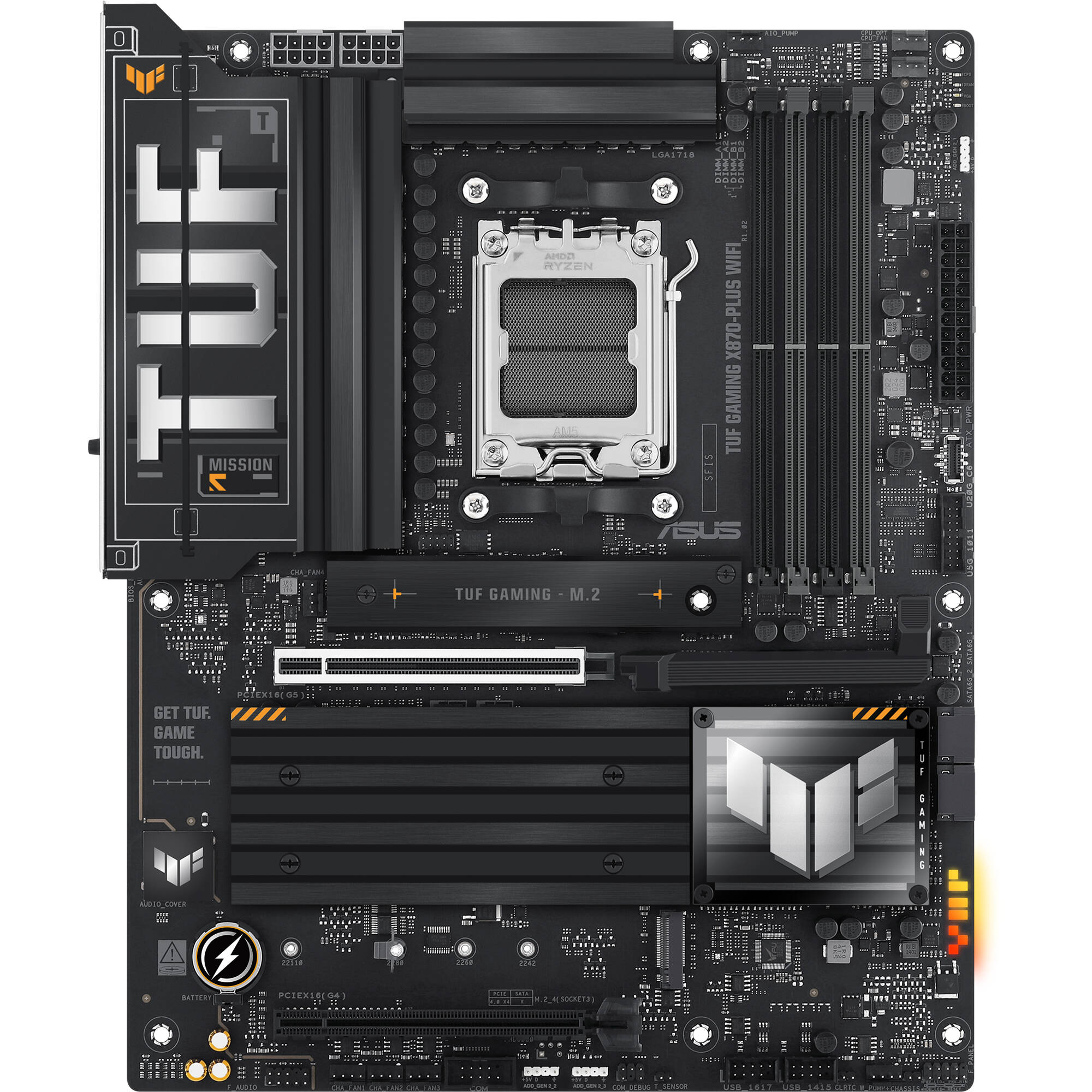 ASUS TUF GAMING X870-PLUS WIFI ATX motherboard with AM5 socket, Wi-Fi 7, and four M.2 slots — view 2