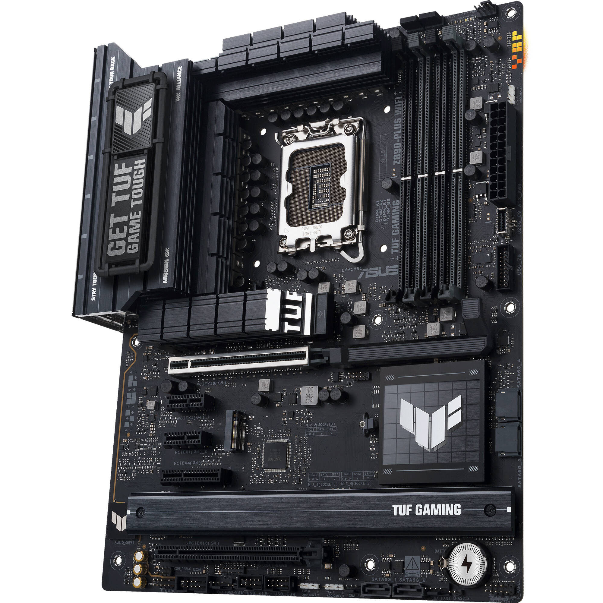 ASUS TUF GAMING Z890-PLUS WIFI ATX motherboard with LGA 1851 socket, Wi-Fi 7, and four M.2 slots — view 3