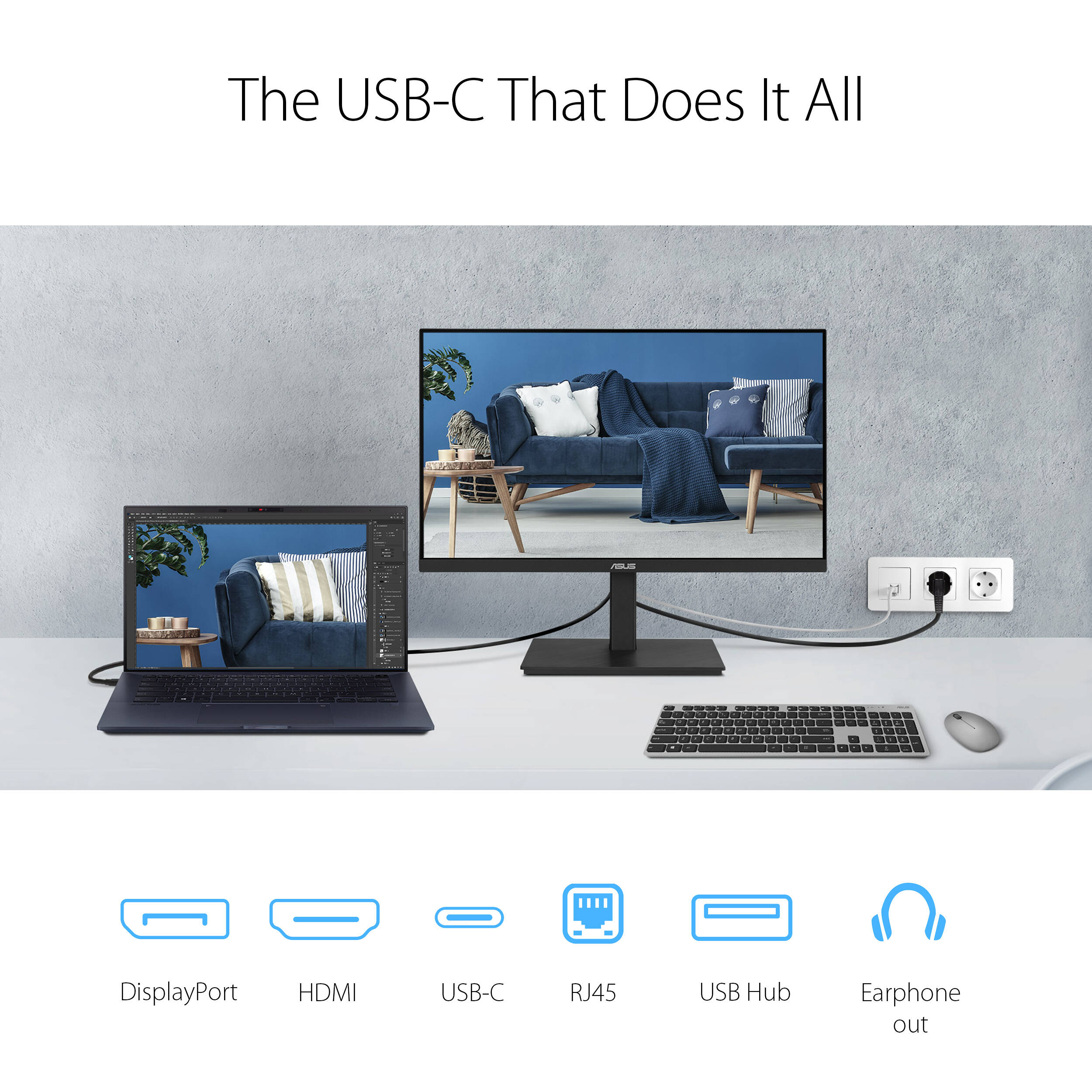 ASUS VA27ECPSN 27-inch Full HD IPS docking monitor with USB-C, RJ45, DisplayPort, HDMI, and height-adjustable stand — view 18