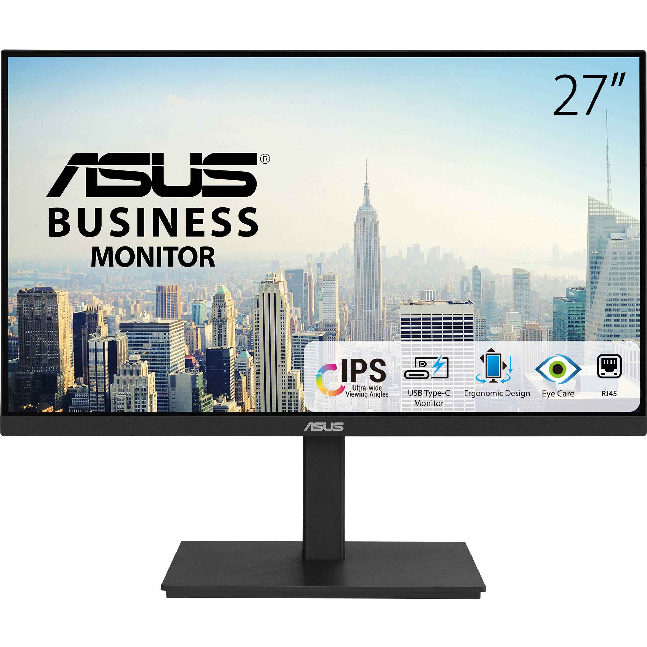 ASUS VA27ECPSN 27-inch Full HD IPS docking monitor with USB-C, RJ45, DisplayPort, HDMI, and height-adjustable stand — view 2