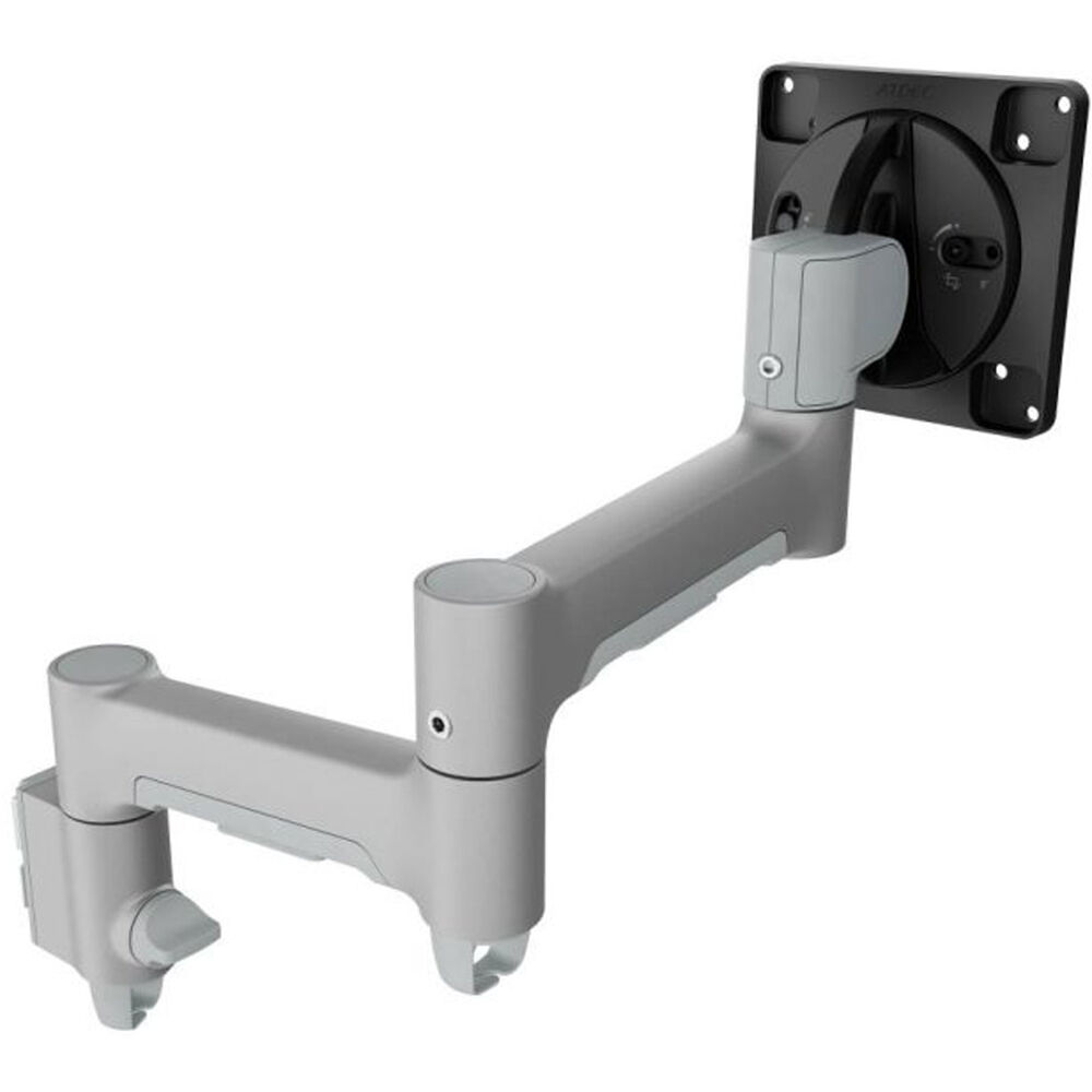 Silver dual monitor desk mount for up to 27-inch screens with articulated arms — view 2