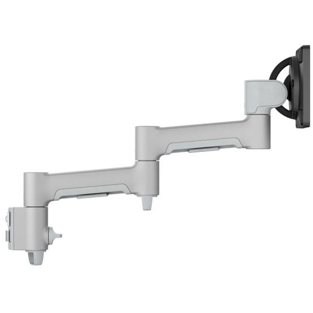 Silver dual monitor desk mount for up to 27-inch screens with articulated arms — view 6