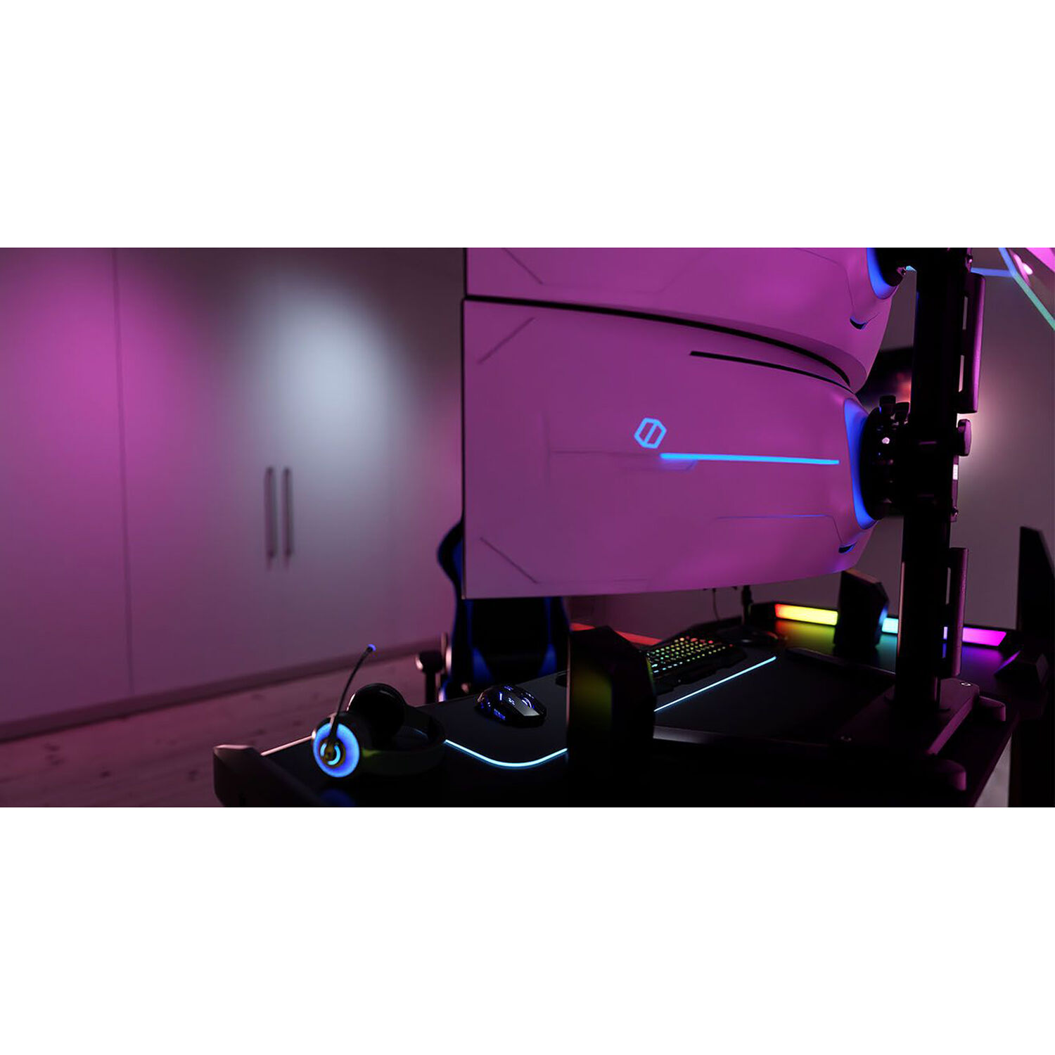 ATDEC heavy-duty dual display mount for flat and curved monitors in a professional workstation — view 6