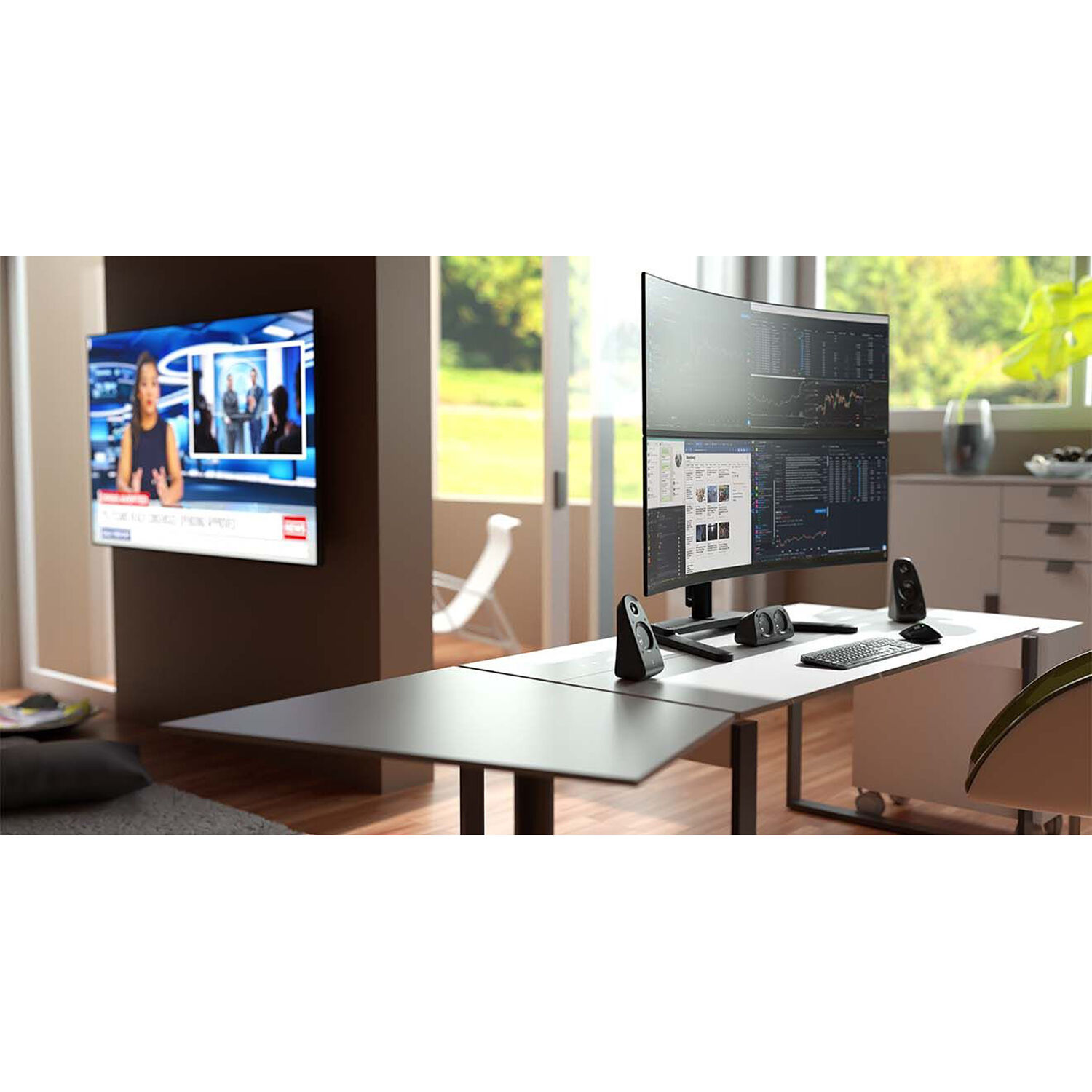 ATDEC heavy-duty dual display mount for flat and curved monitors in a professional workstation — view 7