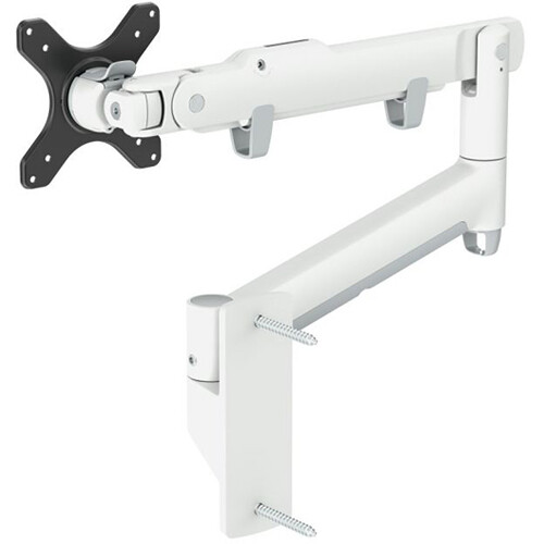 ATDEC AWMS-DW-W dual monitor arm in white supporting two displays with quick-release VESA plate — view 2
