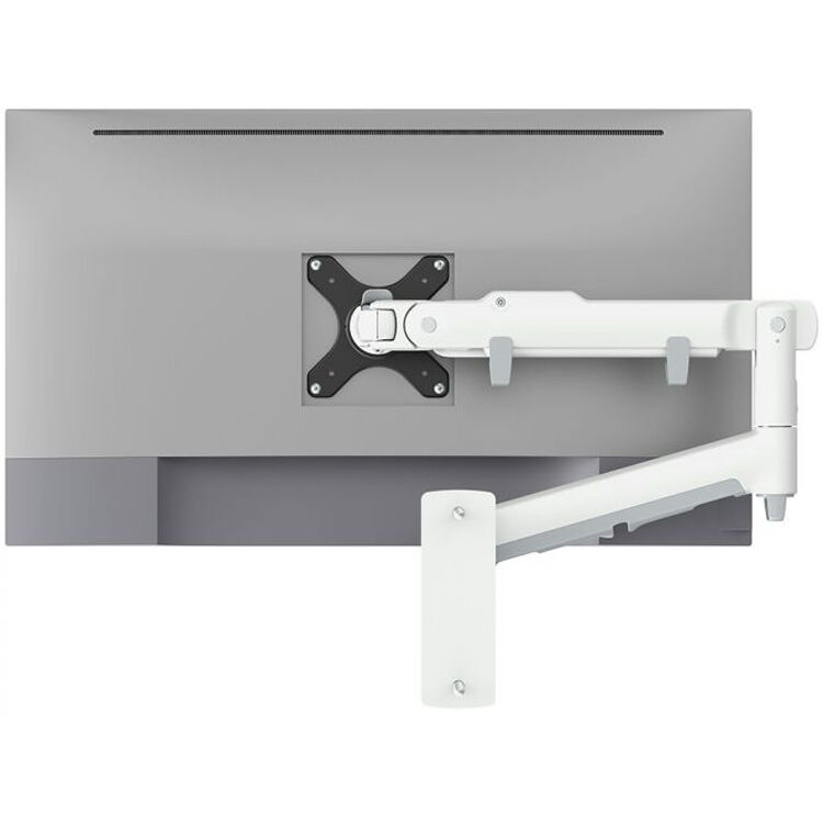 ATDEC AWMS-DW-W dual monitor arm in white supporting two displays with quick-release VESA plate — view 4