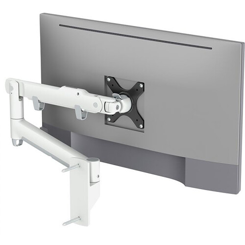 ATDEC AWMS-DW-W dual monitor arm in white supporting two displays with quick-release VESA plate — view 5