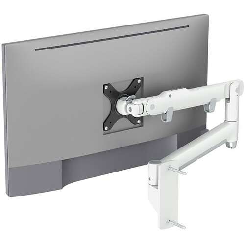 ATDEC AWMS-DW-W dual monitor arm in white supporting two displays with quick-release VESA plate — view 6