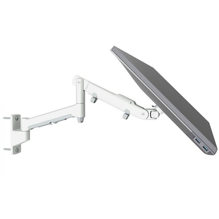 ATDEC AWMS-DW-W dual monitor arm in white supporting two displays with quick-release VESA plate — view 7
