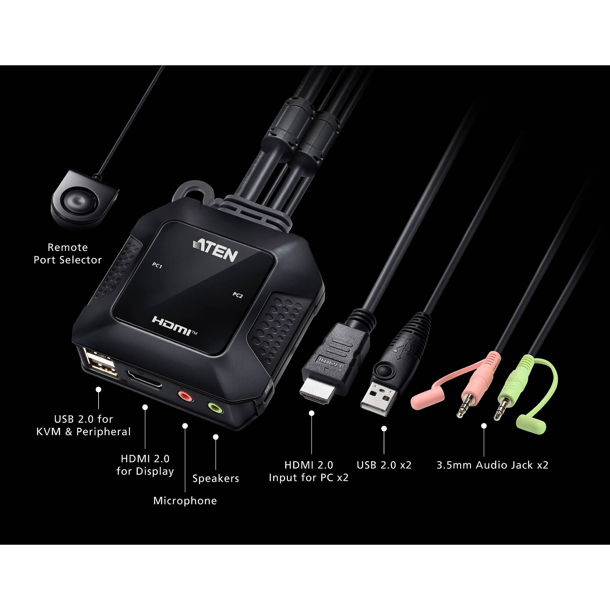 ATEN CS22H 2-port USB 4K HDMI cable KVM with remote port selector — view 4