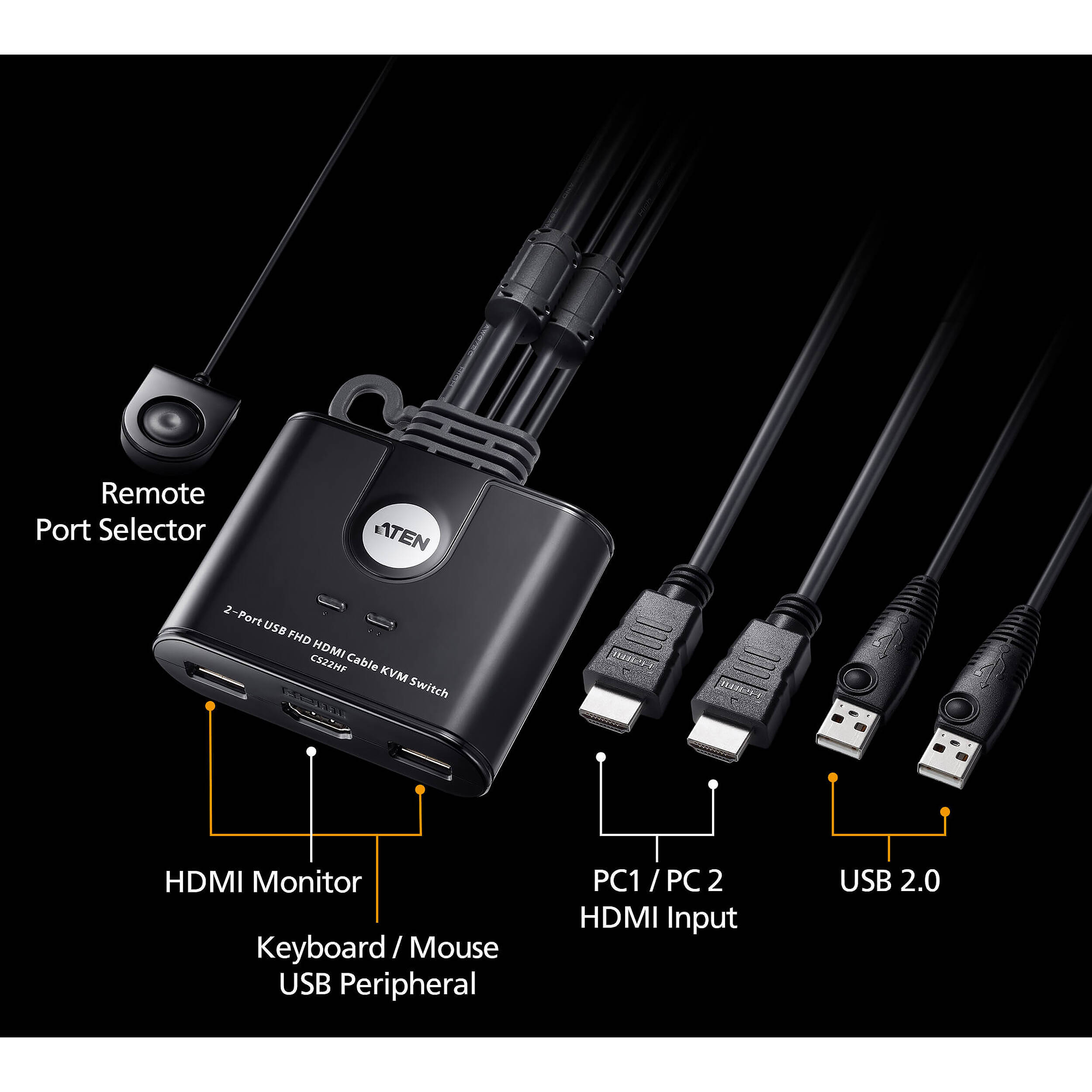 ATEN CS22HF 2-port USB FHD HDMI cable KVM switch with remote port selector — view 2
