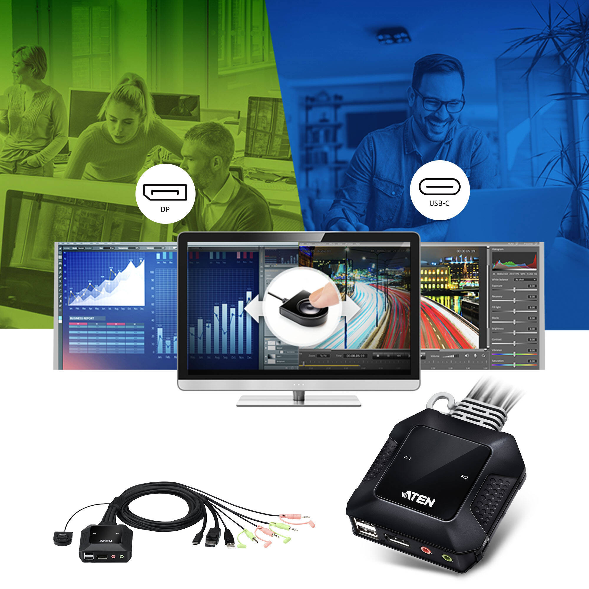 ATEN 2-port USB-C DisplayPort hybrid cable KVM, rack-mountable compact switch — view 6