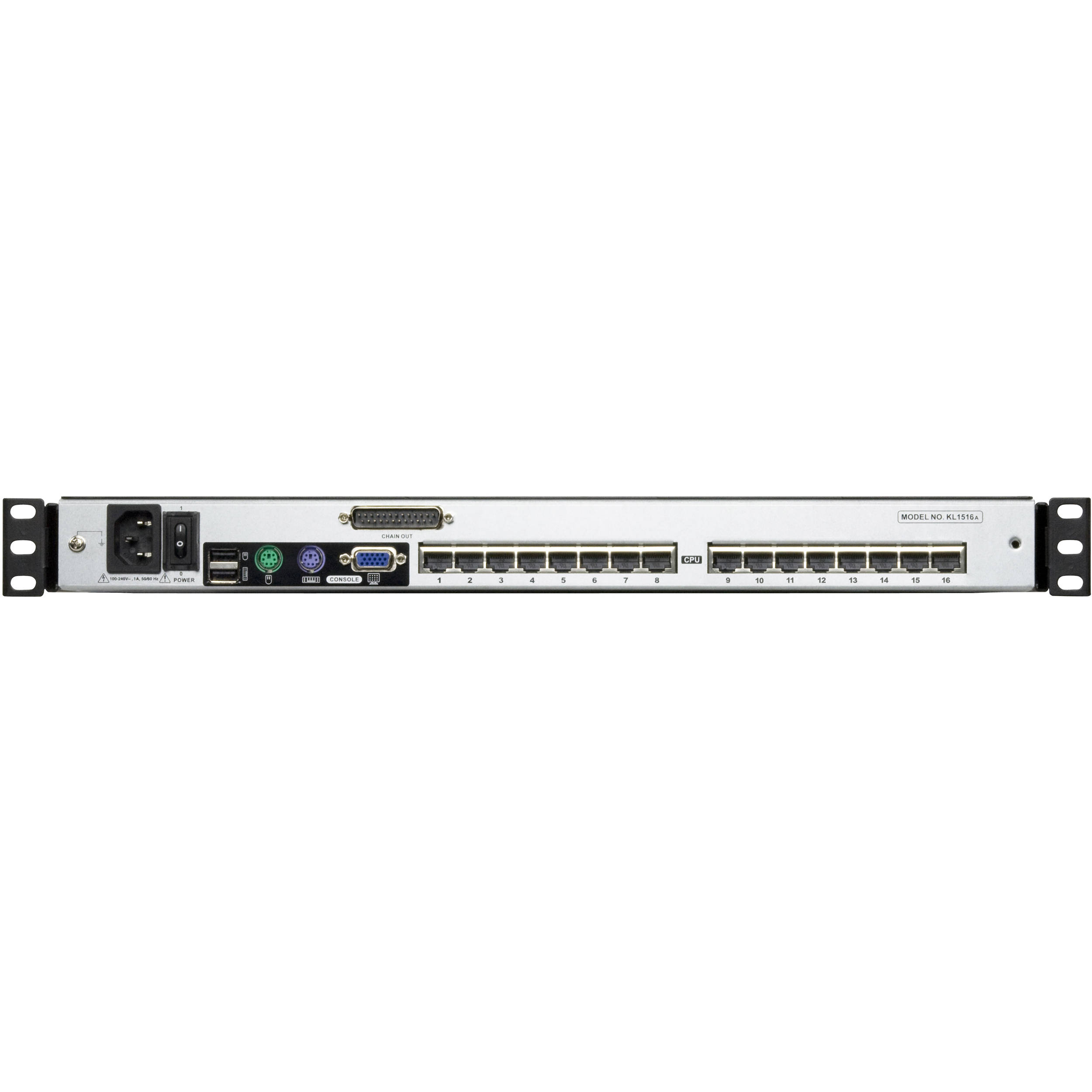 ATEN KL1516AIN 16-port dual rail 19-inch LCD IP CAT5 KVM switch for rack-mounted server management — view 3