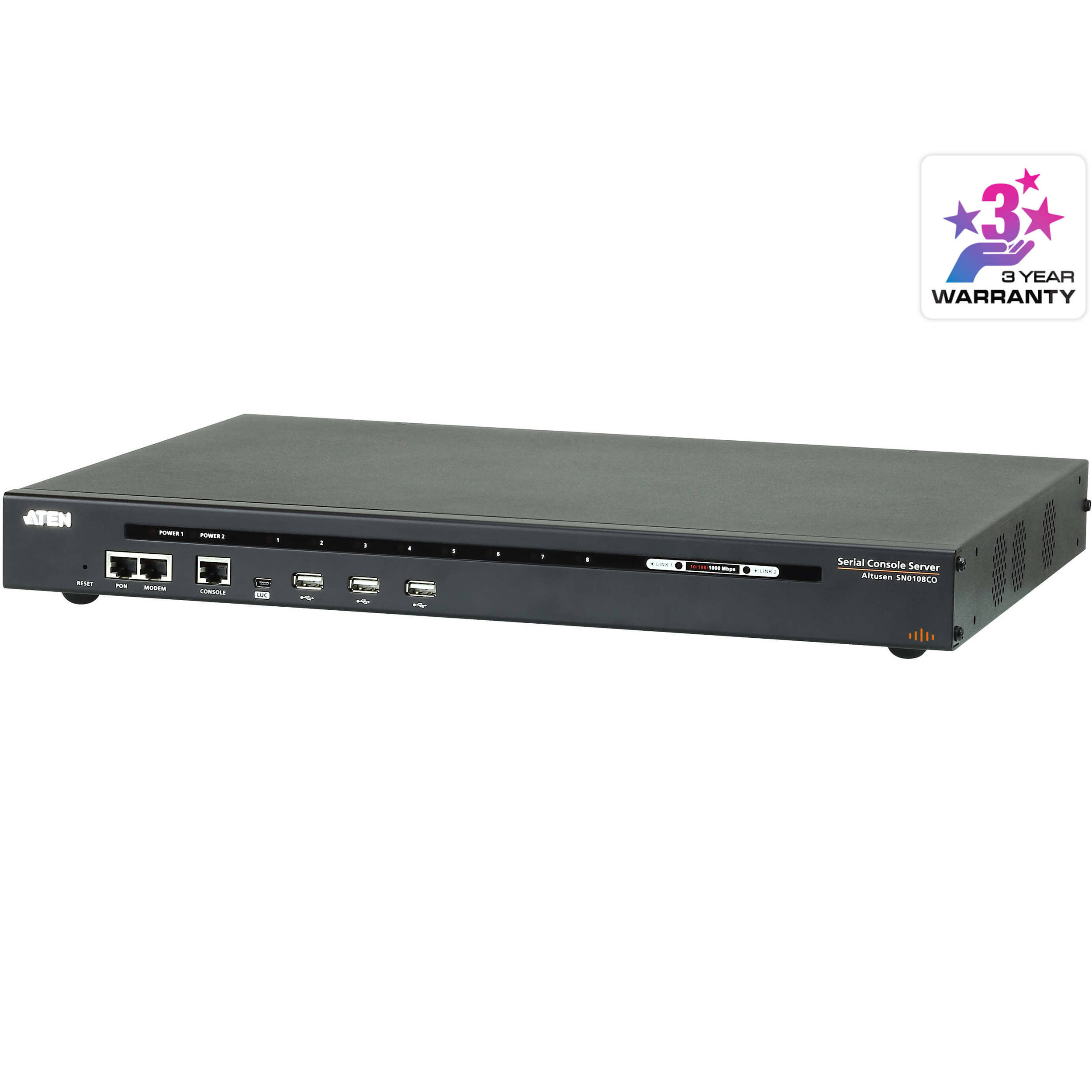 ATEN SN0108CO 8-port serial console server with dual power for rack-mounted enterprise remote access — view 2