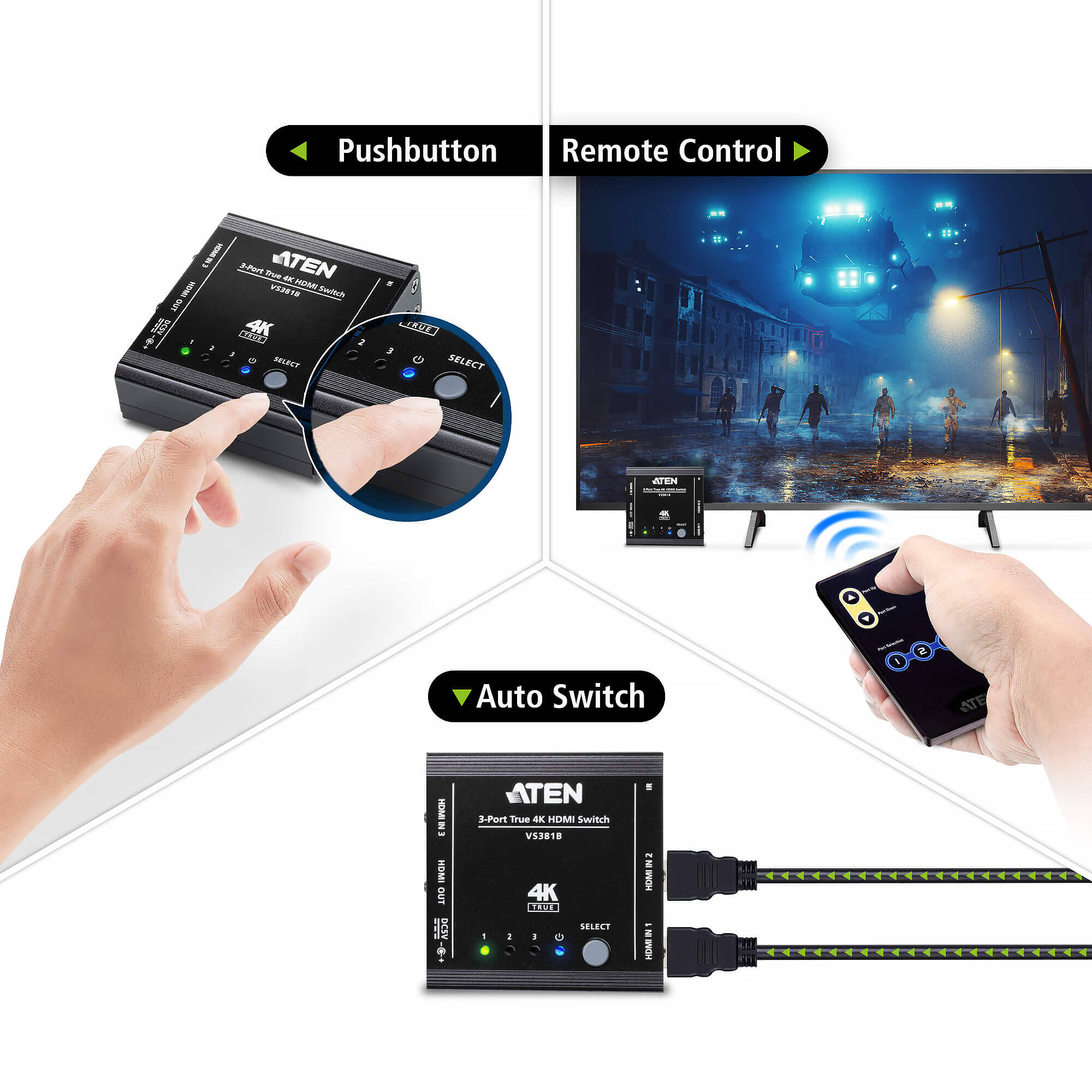 ATEN VS381B 3 port true 4K HDMI switch for shared display source selection — view 5