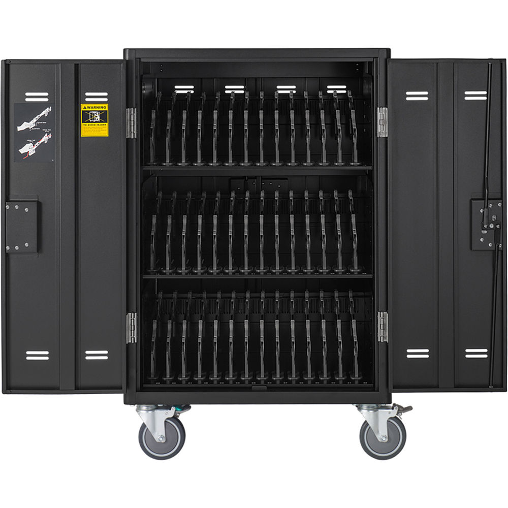 AVer 42‑bay charging cart CHRGEX42I with closed locking doors and mobility casters — view 2