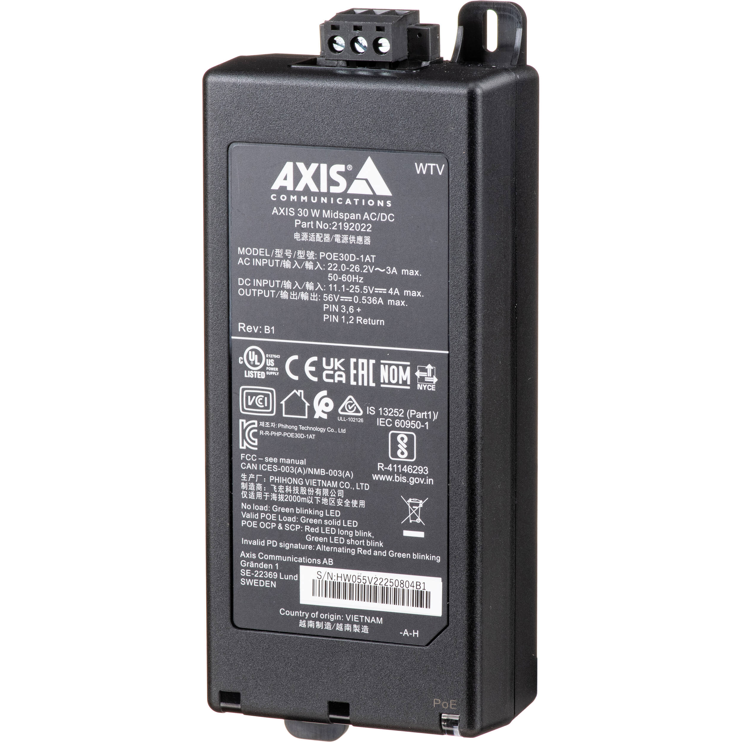 Axis 30 W MIDSPAN AC/DC inline power injector for wired network device deployment — view 2