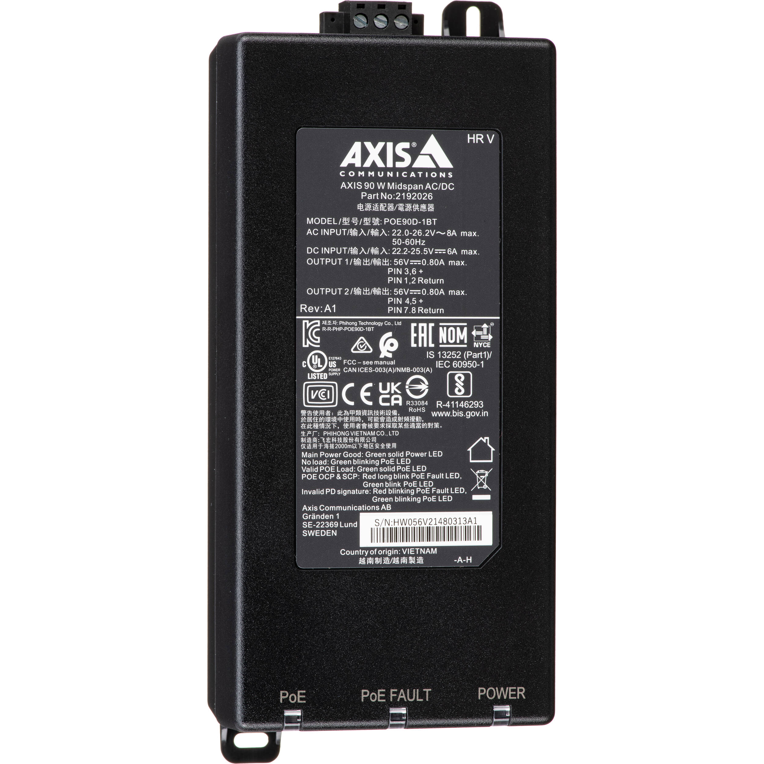 Axis 02209-001 90W AC/DC PoE midspan for adding power to Ethernet devices — view 5