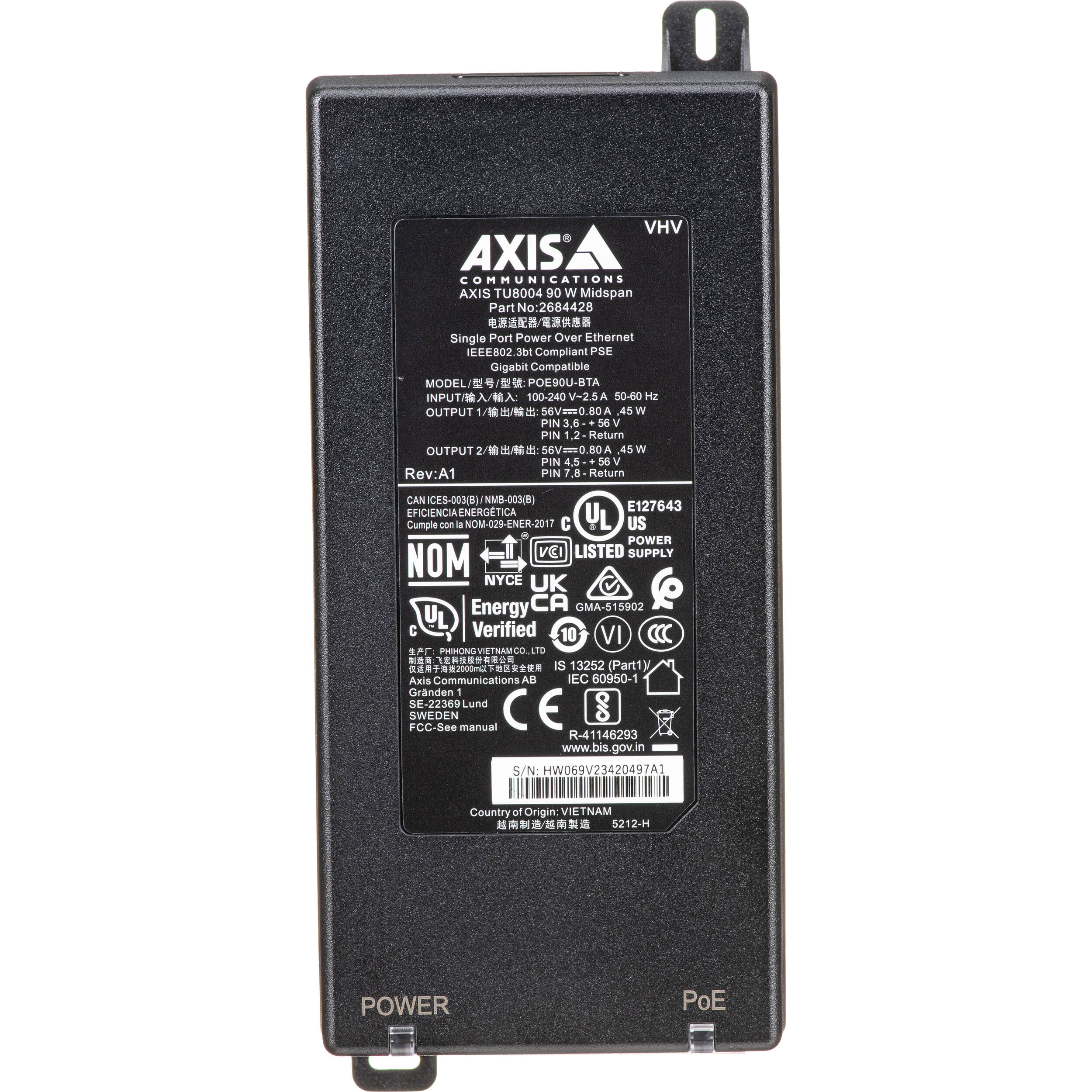 Axis TU8004 90 W midspan PoE injector for single-device Ethernet power delivery — view 3