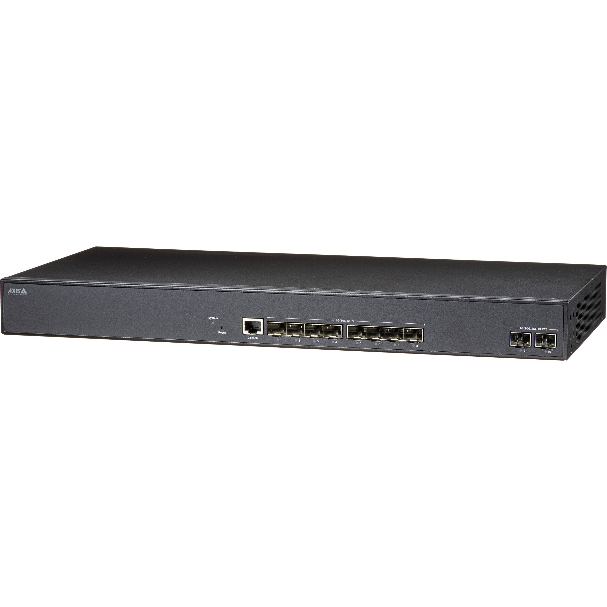 Switch at aggregation level, instead of access (edge) level. Fiber switch, no PoE with 8 SFP ports (SFP+ and SFP28). Long distance installations enabler. — view 3