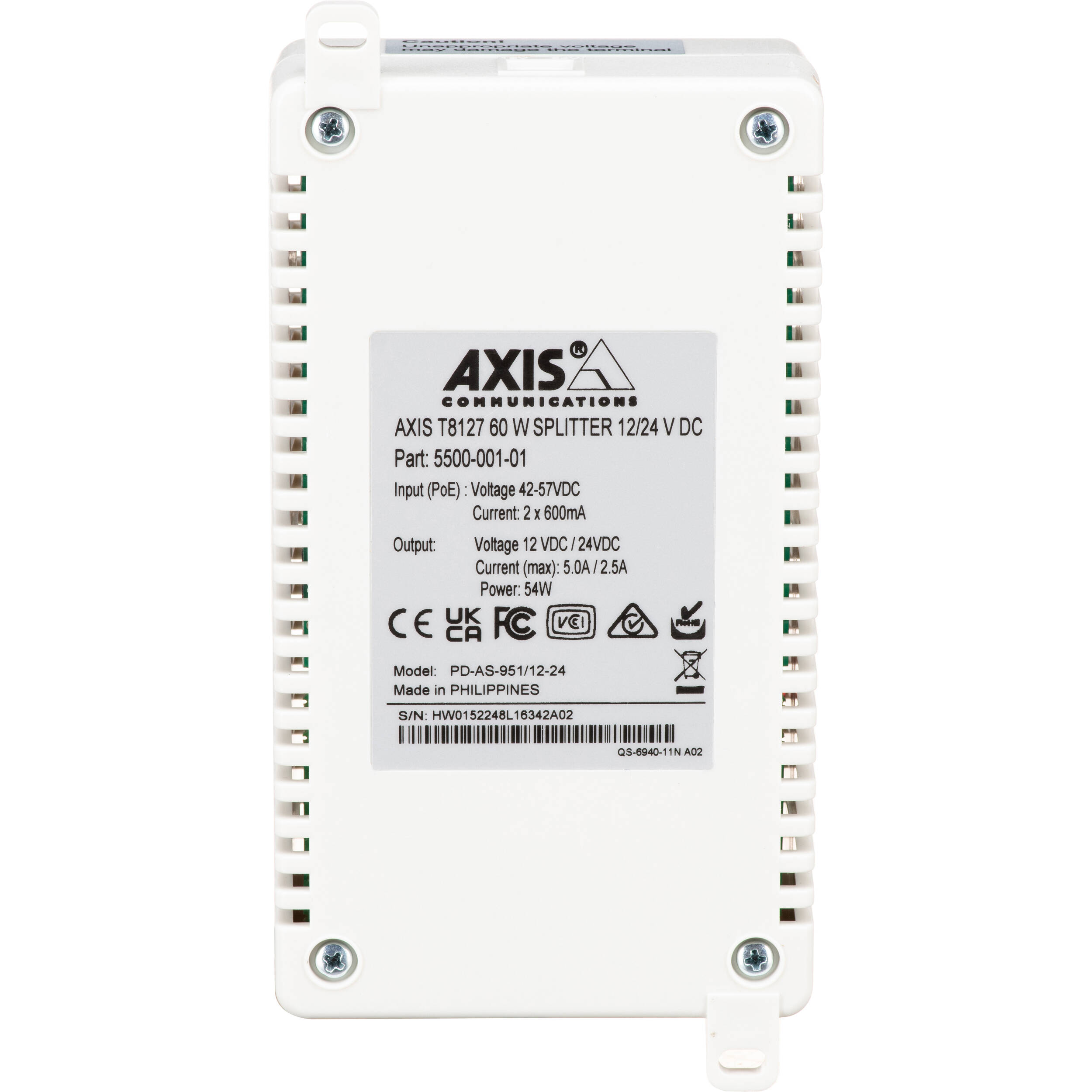 Axis T8127 PoE splitter for converting Power over Ethernet to device power — view 4