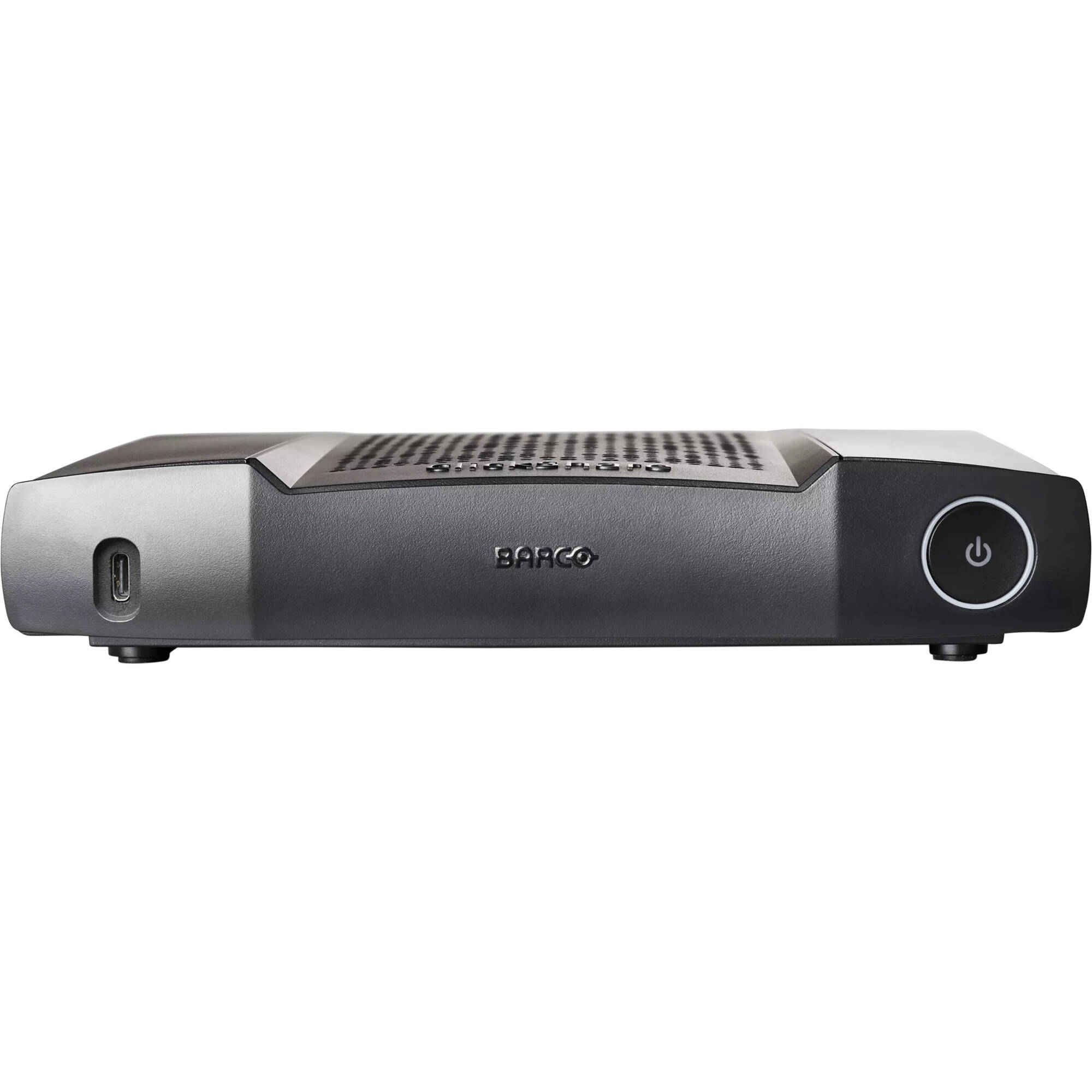 Barco ClickShare base with two buttons for dual-screen conference room sharing — view 2
