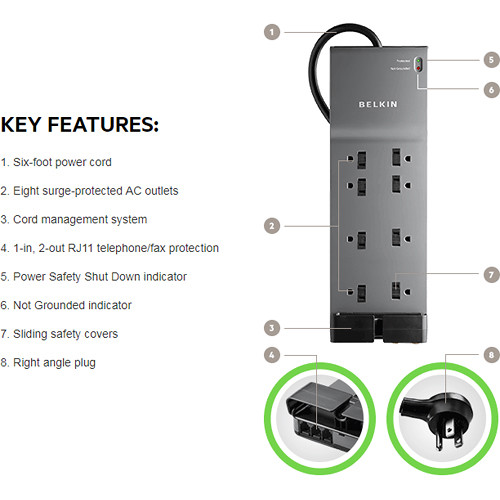 Belkin BE108200-06 8-outlet surge protector with 6 ft cord for home office use — view 5