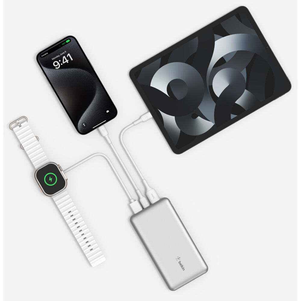 Belkin BPB011BTSL silver 10,000 mAh power bank with USB‑A and USB‑C ports — view 3