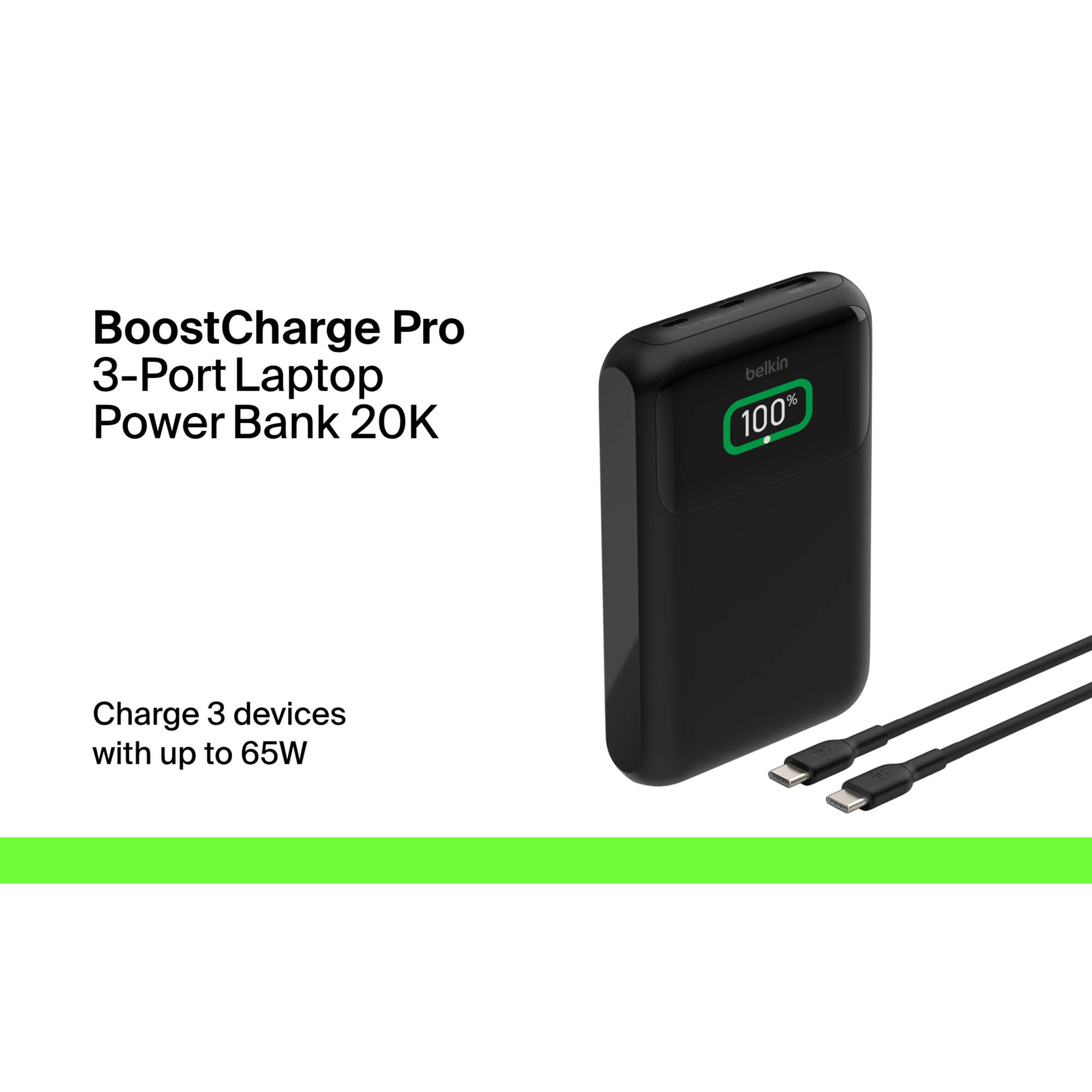 Belkin BOOSTCHARGE Pro 3-port laptop power bank 20K portable charger in black — view 6