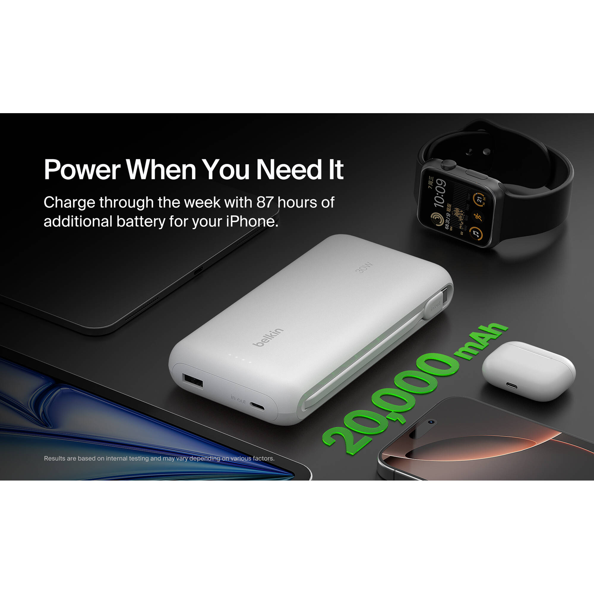 BELKIN MOBILE BOOSTCHARGE PWRBNK BOOSTCHARGE PWRBNK 20K W/INTEGRATED CBL WHT — view 6