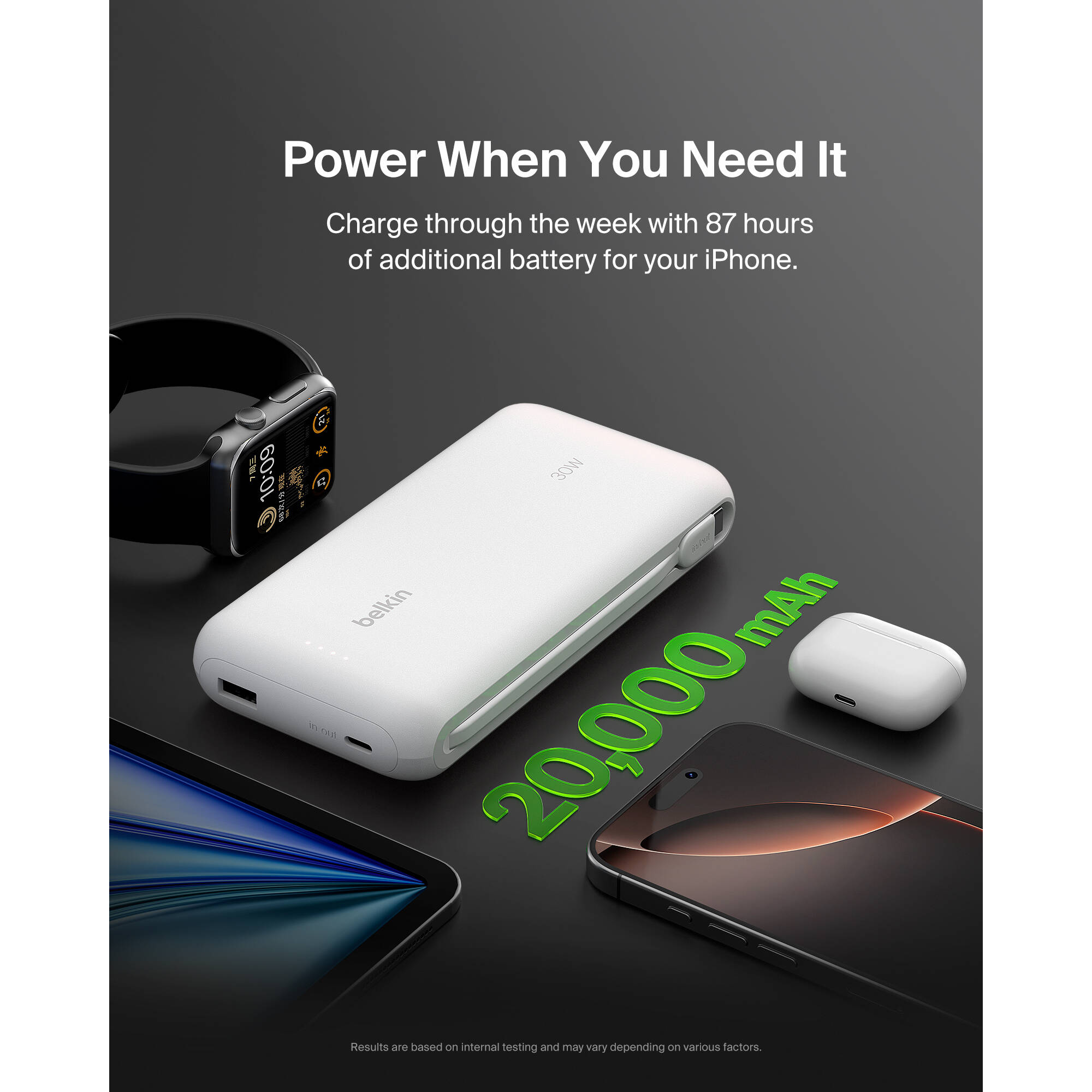 BELKIN MOBILE BOOSTCHARGE PWRBNK BOOSTCHARGE PWRBNK 20K W/INTEGRATED CBL WHT — view 8