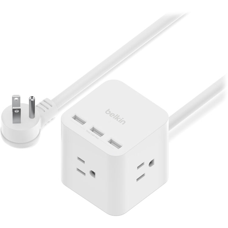Belkin power strip with 3 outlets, USB A charging, and 5 ft cord for desktop power distribution — view 2