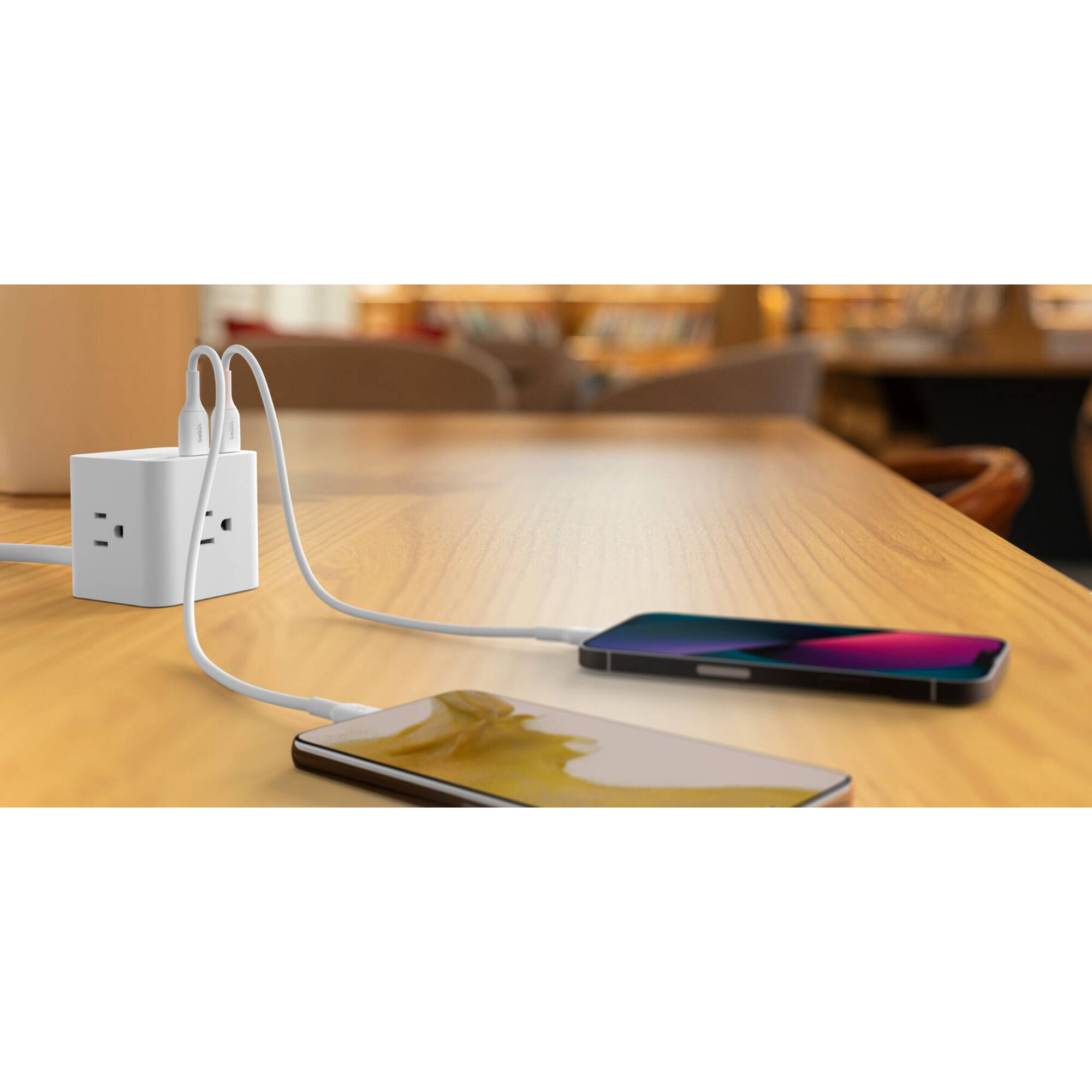 Belkin power strip with 3 outlets, USB A charging, and 5 ft cord for desktop power distribution — view 7