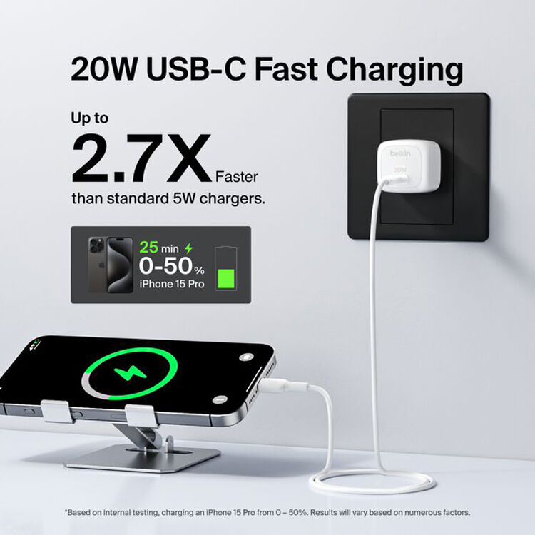 Belkin 20W USB-C wall charger in compact cube design, white — view 6