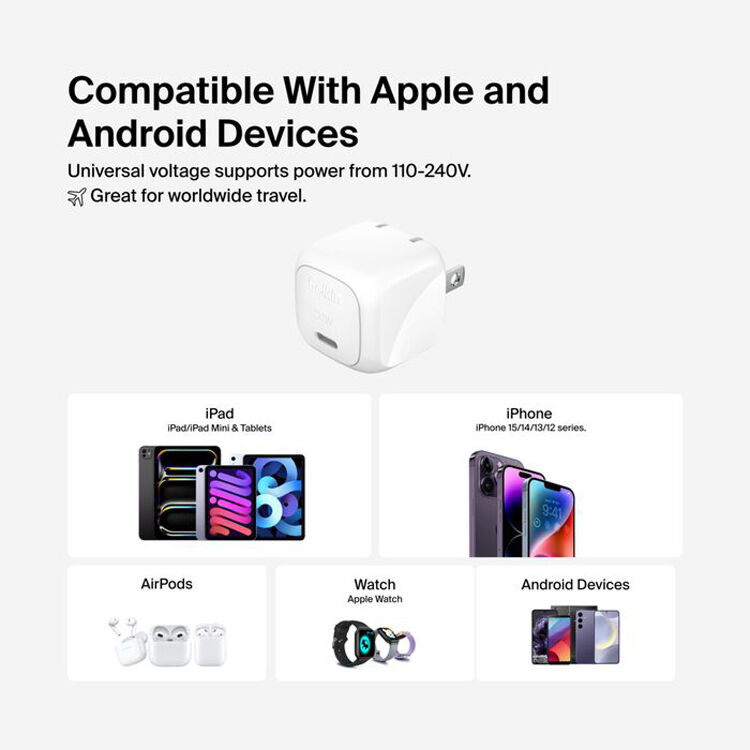 Belkin 20W USB-C wall charger in compact cube design, white — view 8