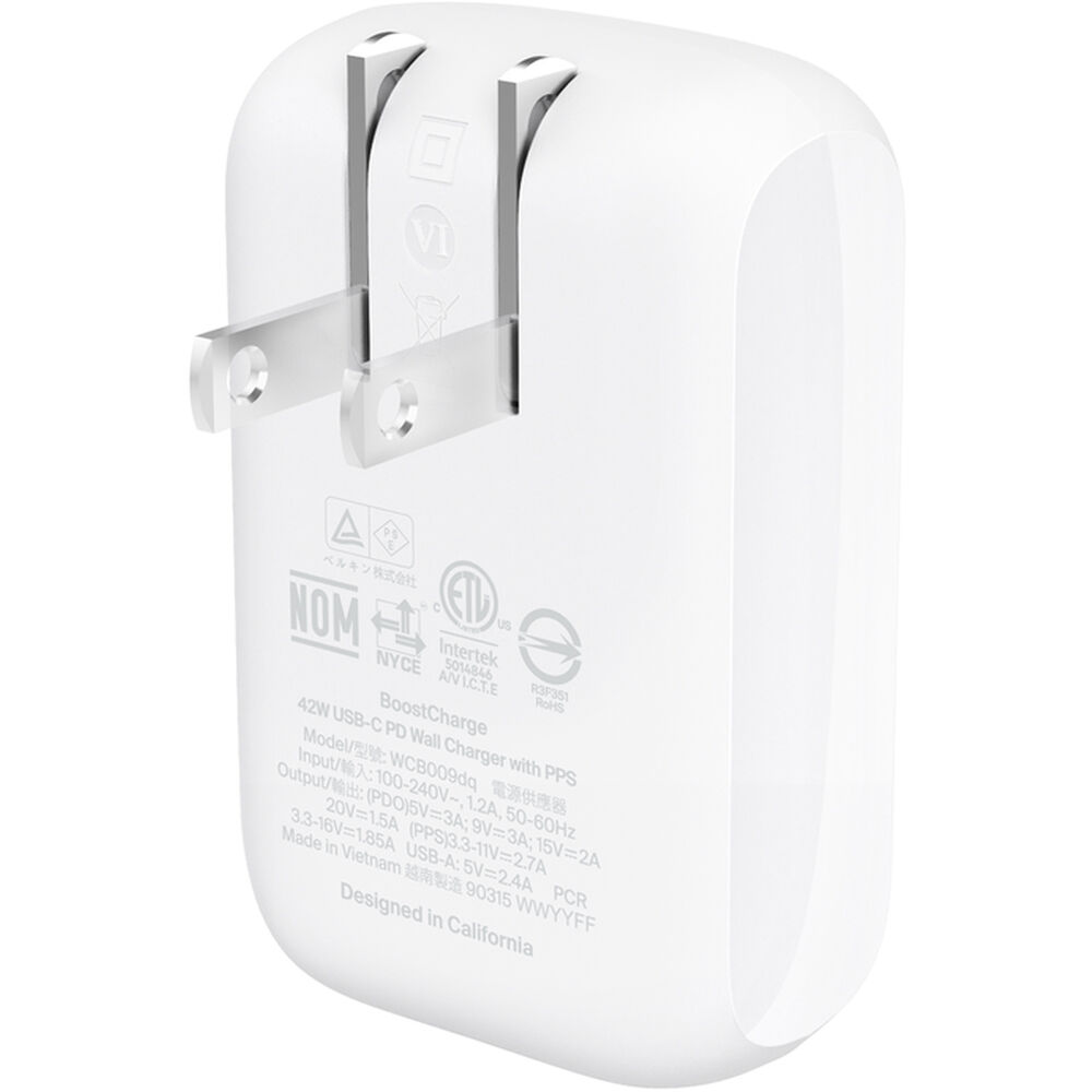 Belkin 42 W PPS USB-C wall charger in white with single USB-C port — view 2