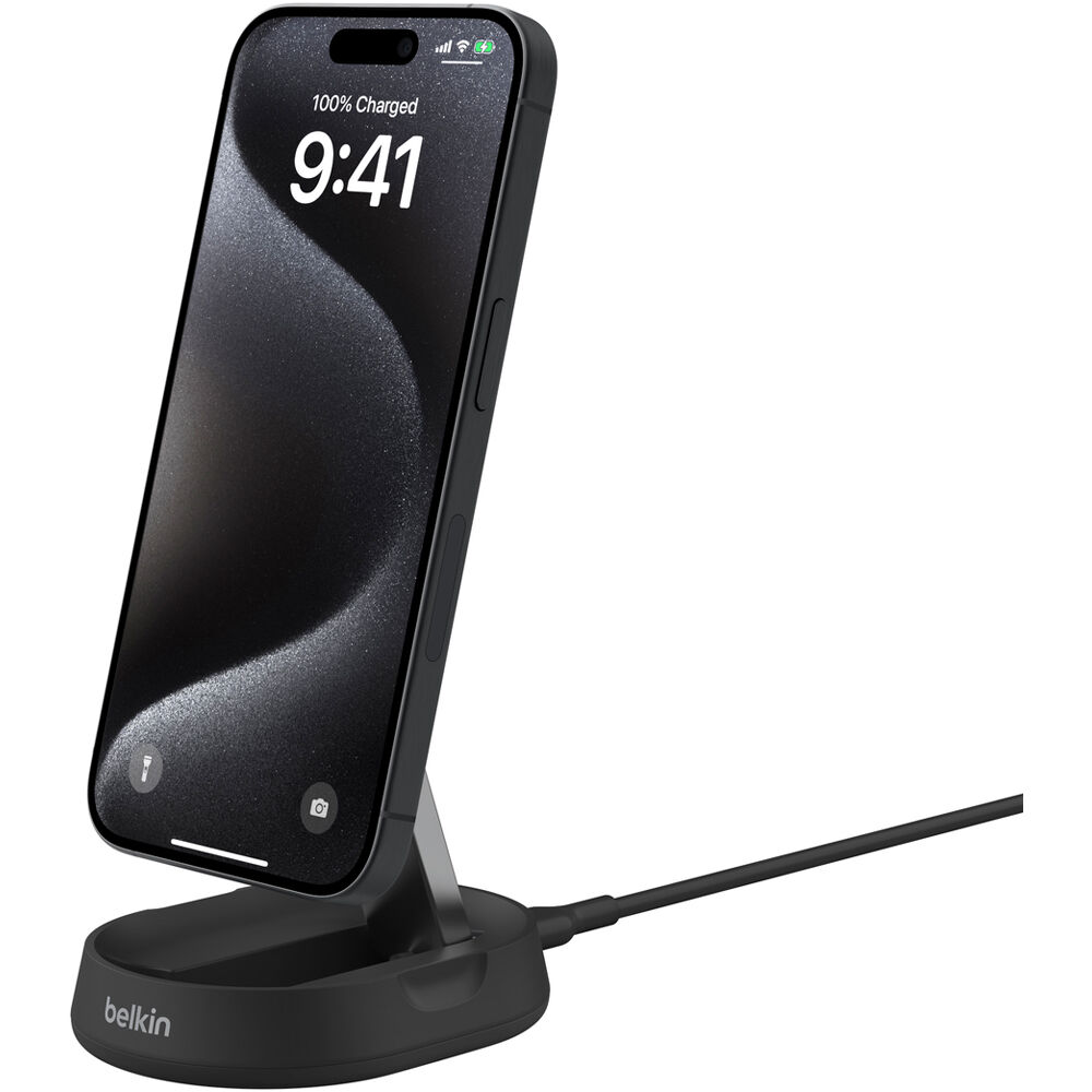 Belkin QI2 Convertible Pad/Stand wireless charger in white, shown in pad and stand positions — view 5