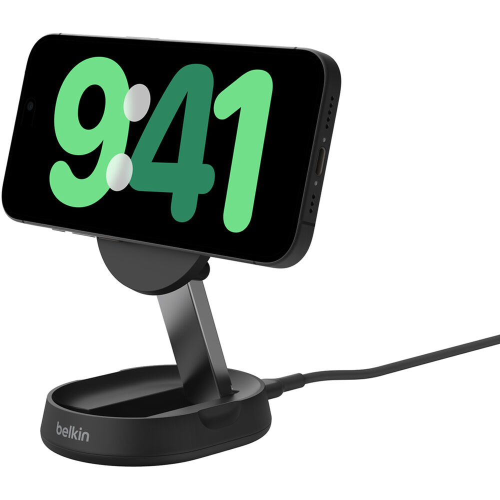 Belkin QI2 Convertible Pad/Stand wireless charger in white, shown in pad and stand positions — view 6